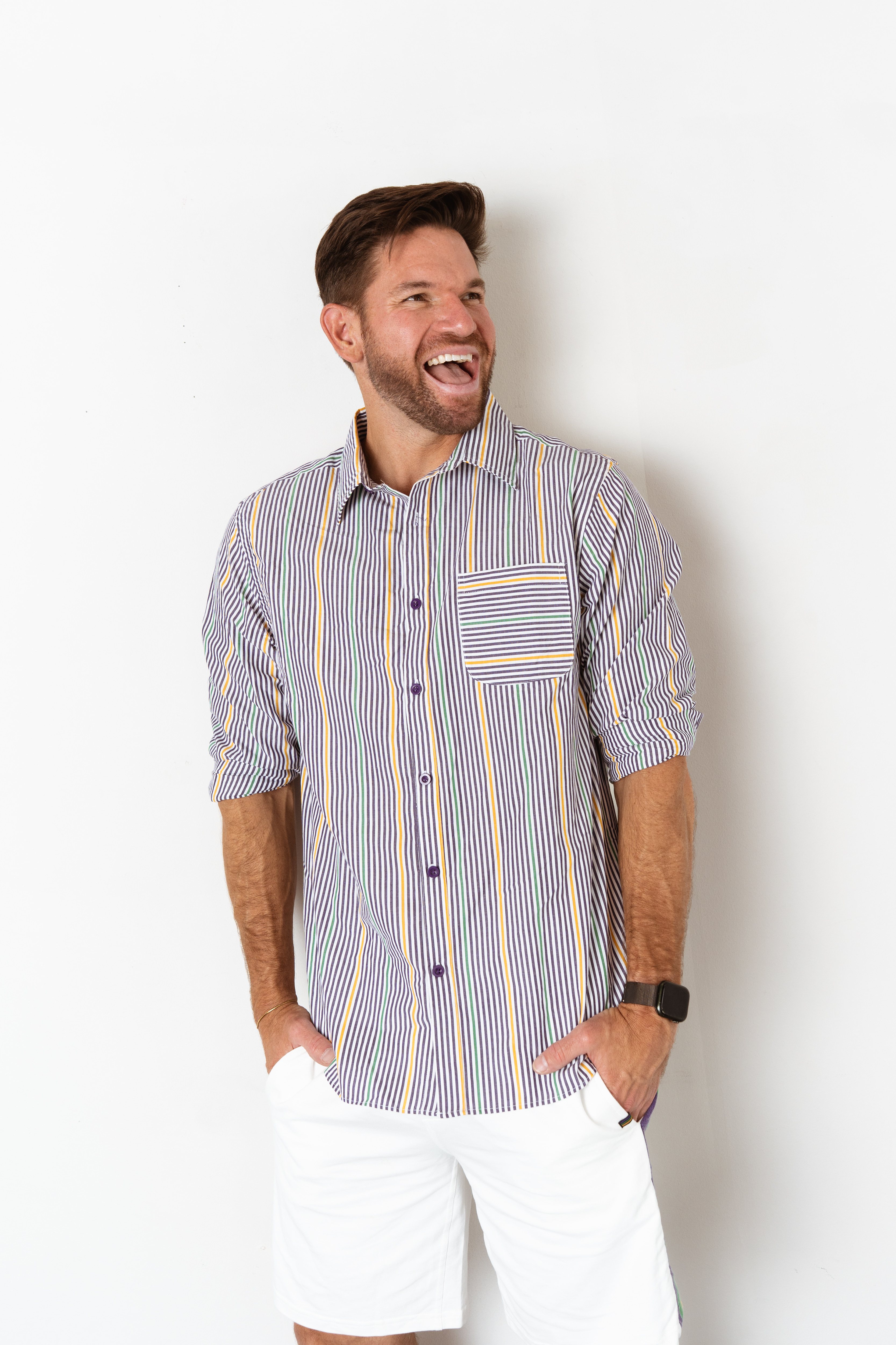 Adult Unisex Pinstripe Button Up Shirt in Purple, Green, and Gold Stripes