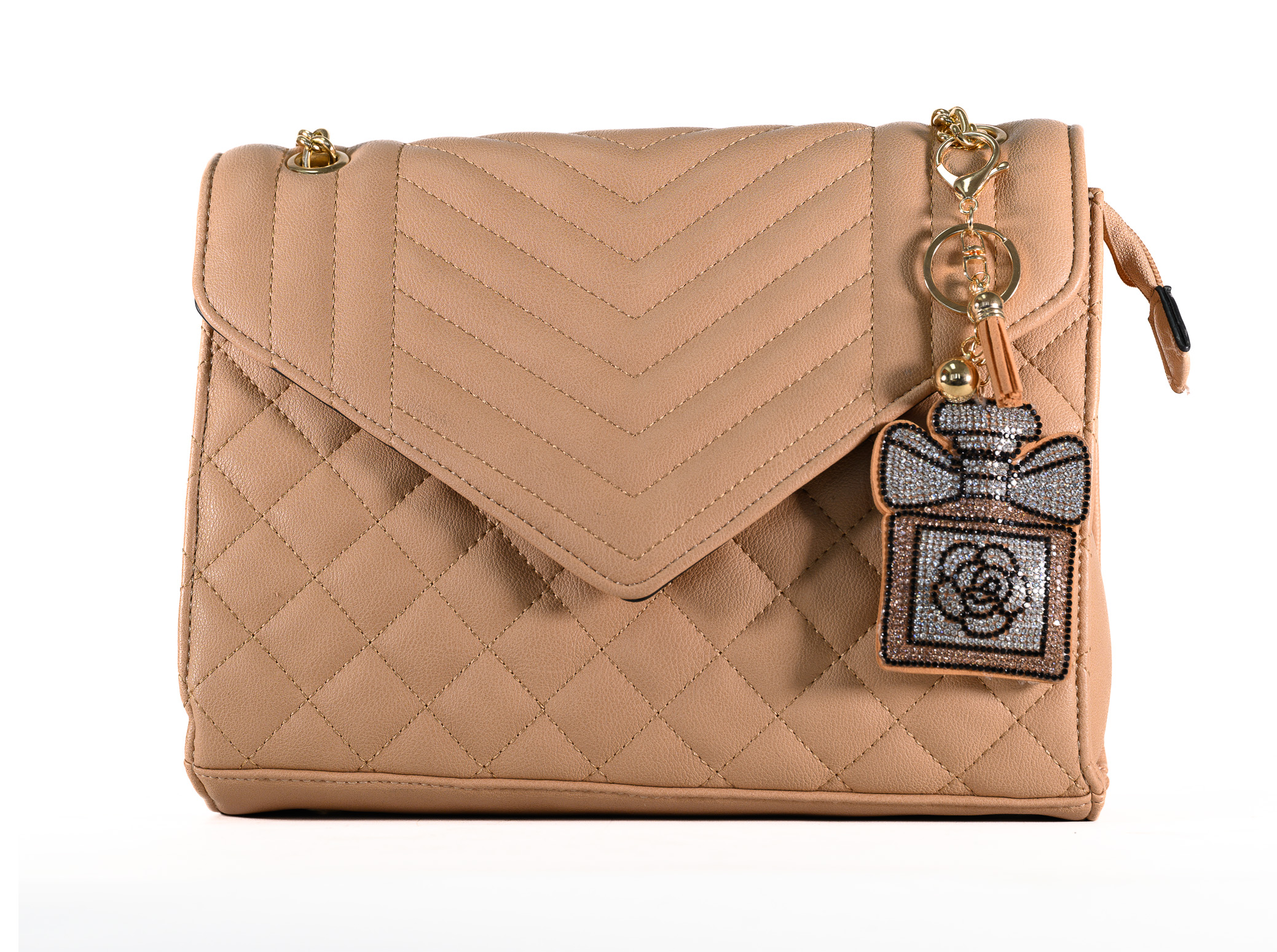 Timmy Woods Beverly Hills – Quilted Beige Envelope Crossbody Bag with Matching Wallet & Crystallized Keychain