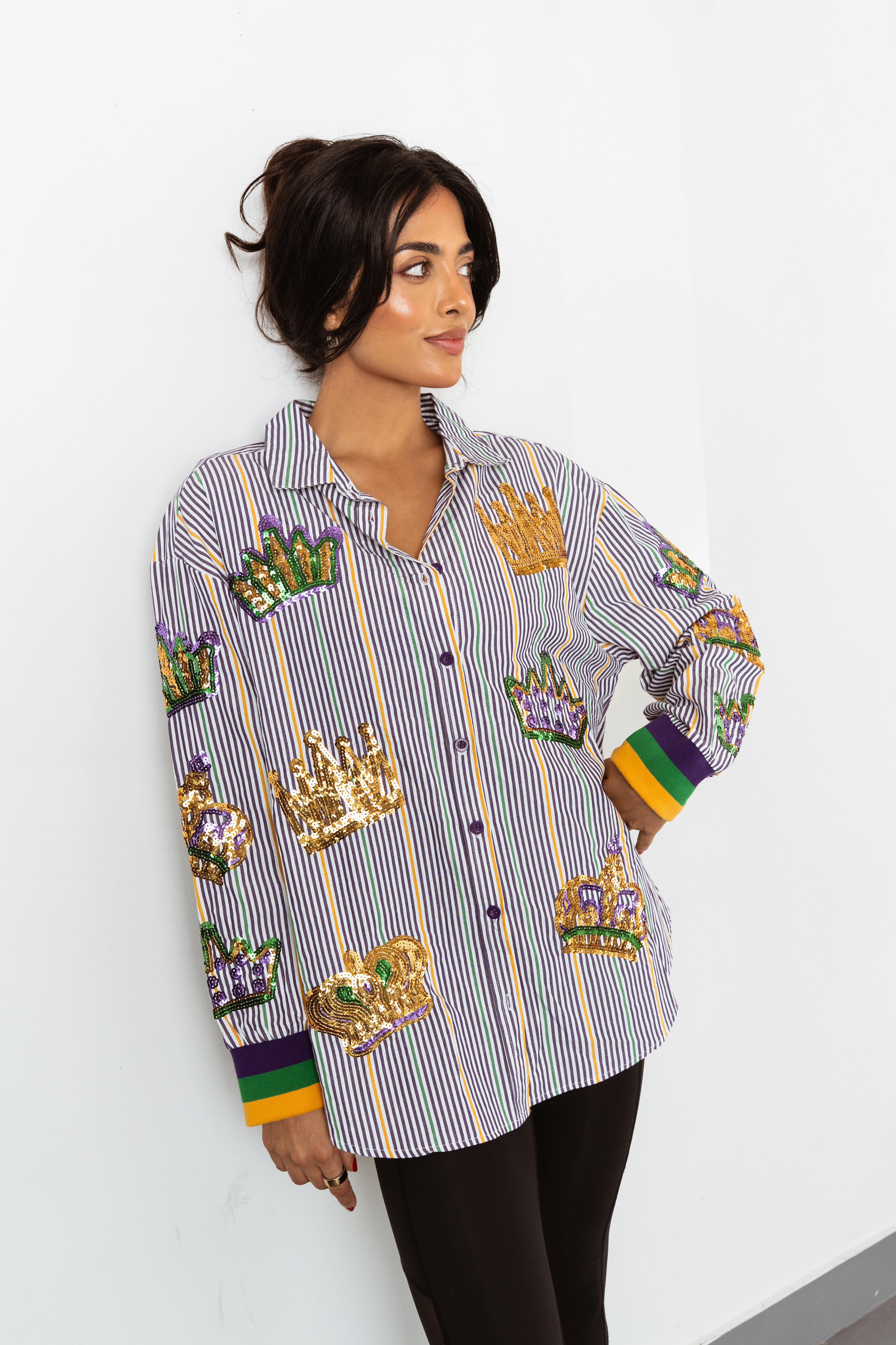 Adult Pinstripe Sequin Mardi Gras Button Up Shirt with Crowns in Purple, Green, and Gold