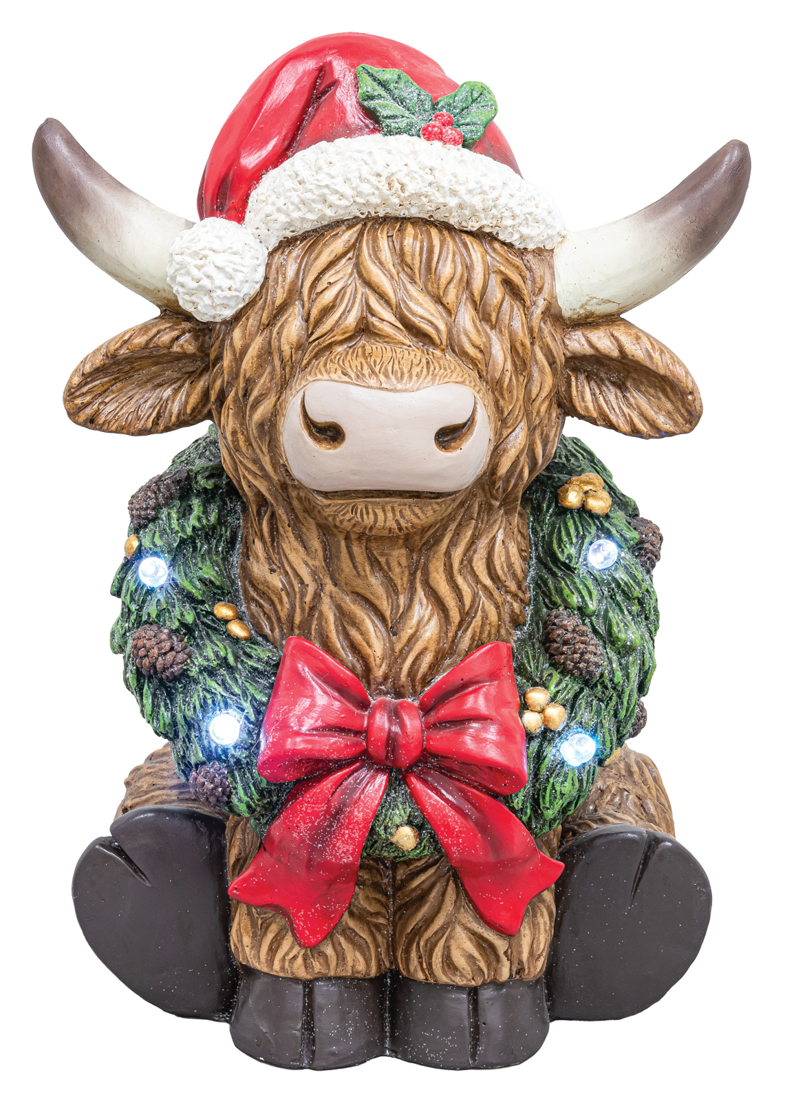 Add a festive touch with Hanna's Handiworks' Lighted Wreath Highland Cow Tabletop. This charming decorative tabletop object, measuring 14.5X12.5X20, is ideal for Christmas. S