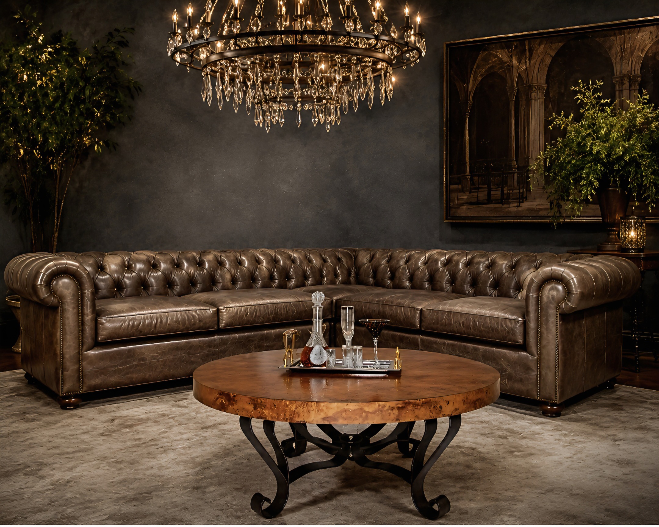  Chesterfield Couch/ Mesquite Wood Coffee Table 