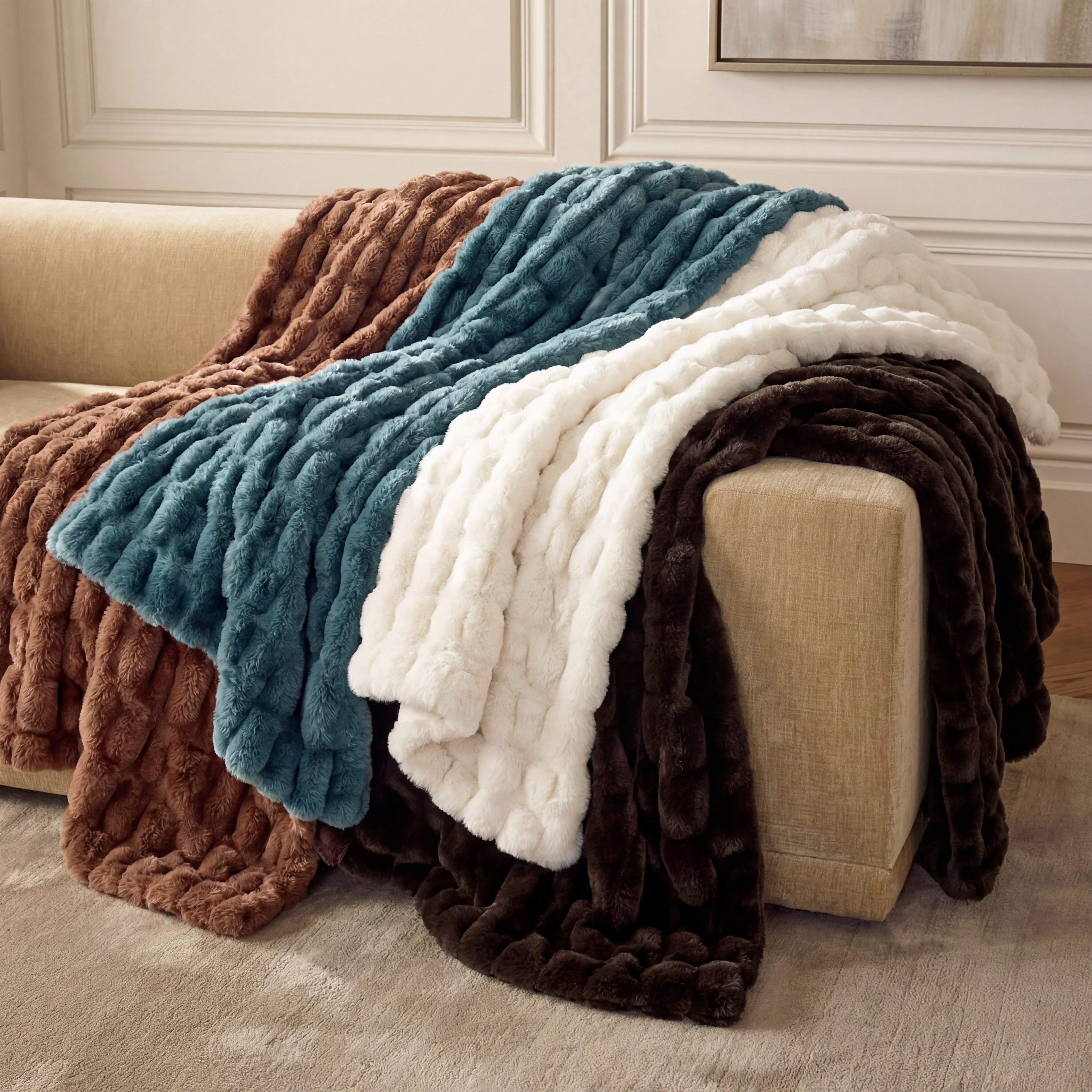 Sumptuously soft double-sided ruched rabbit faux fur adds cozy warmth and luxe texture to any space, perfect for curling up on chilly nights with effortless, stylish comfort.