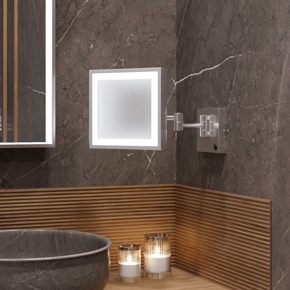 Elixir rectangular wall mounted, hard-wired make up mirror, with 1 continuous line of light framing the interior of the mirror behind frosted glass with 3,000K LED lighting and metal edge.