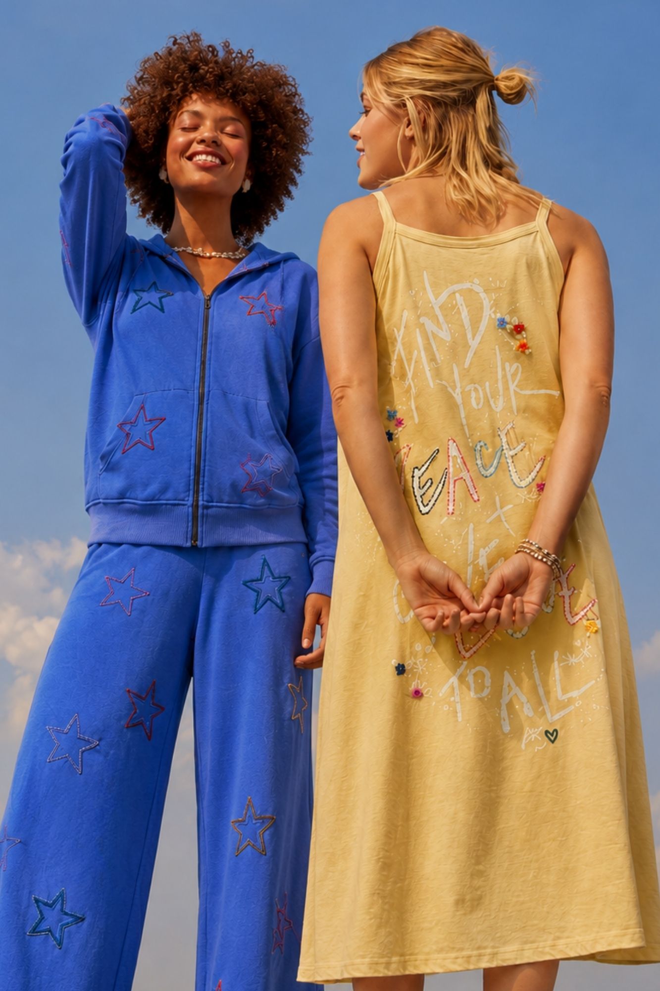 Cozy comfort meets artistic charm with embroidered stars, playful graphics, and soft fabrics, creating statement pieces made for effortless everyday style.
