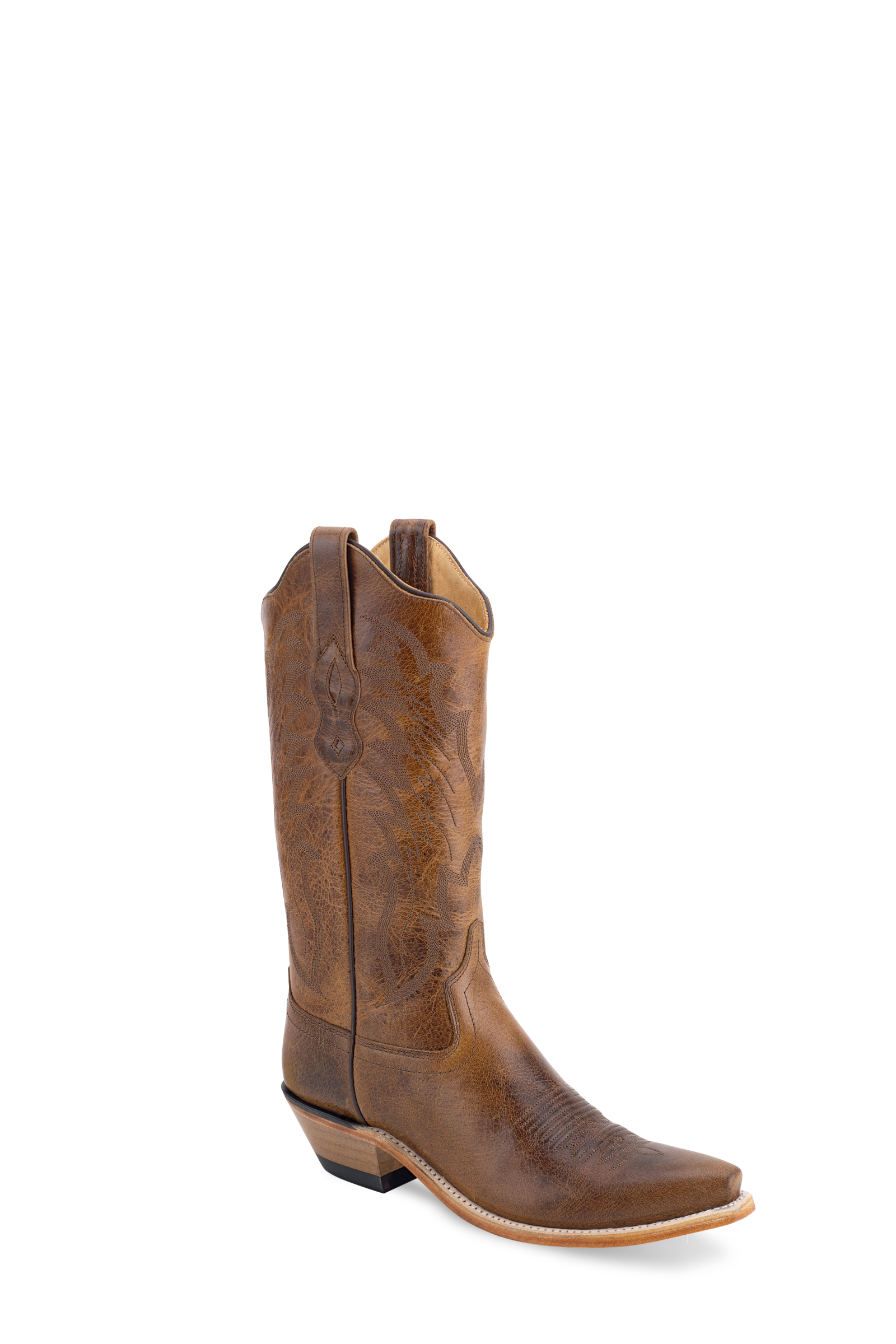 All over leather with 12" shaft, fully leather lined, reinforced shanks, cushion leather insole, cowboy heel, snip toe and leather outsole.