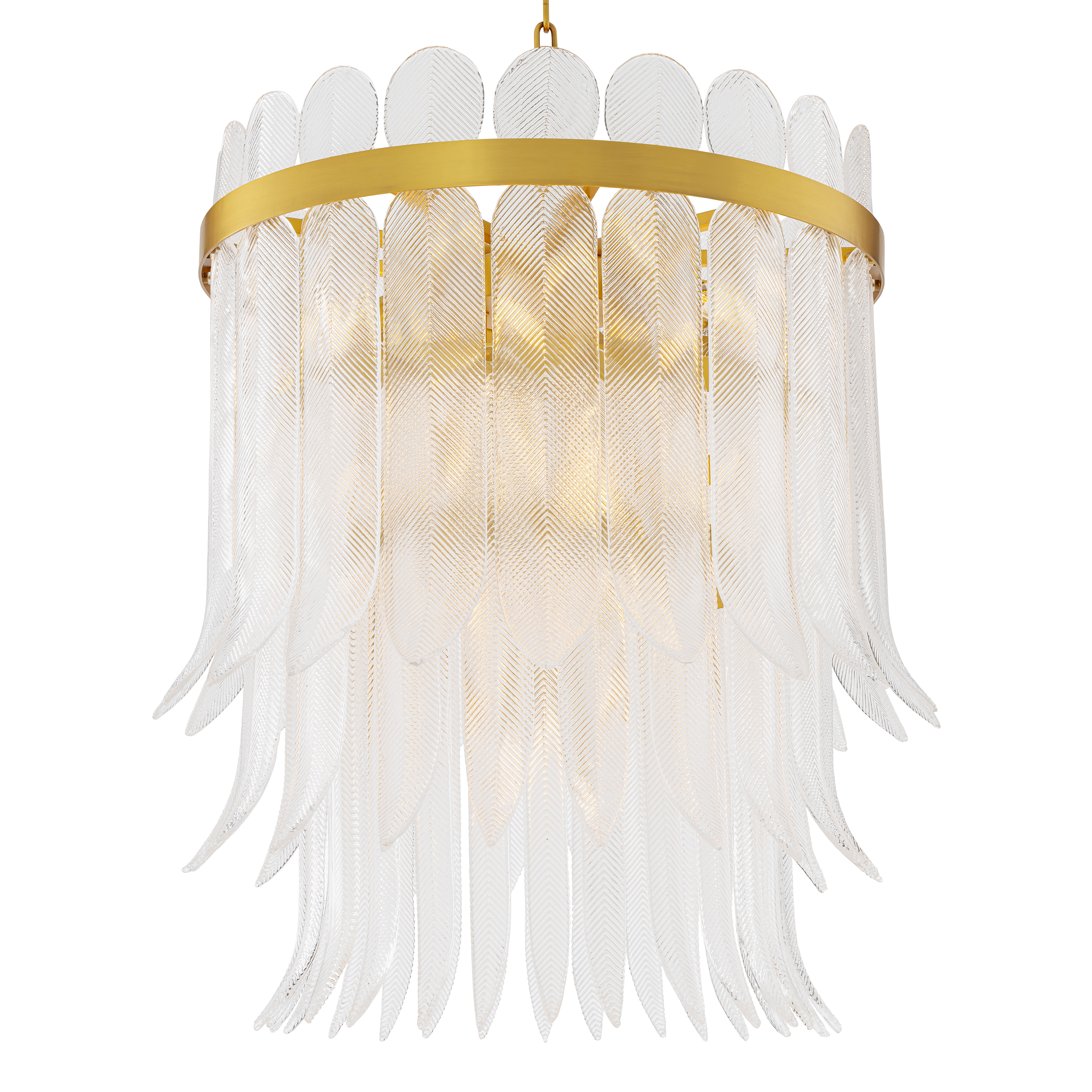 Evoking the glamour of 1920s couture and the poise of Art Deco royalty, this exquisite chandelier captures the elegance of motion made still. Each hand-cast glass “feather” shimmers with subtle irides