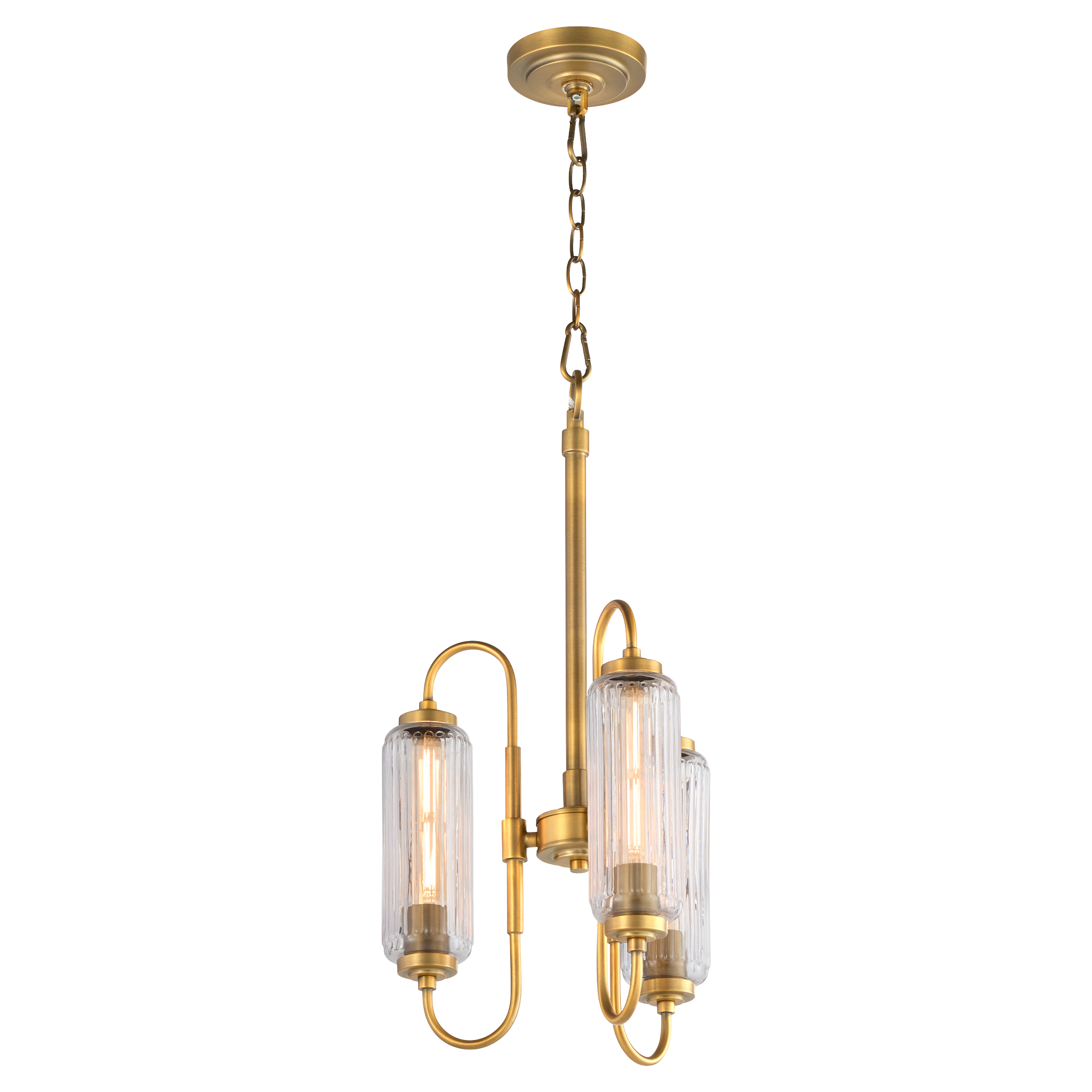 Whitmire blends modern style with vintage radio-inspired design. Clear ribbed glass and brushed brass create timeless sophistication for kitchens, offices, or entryways.