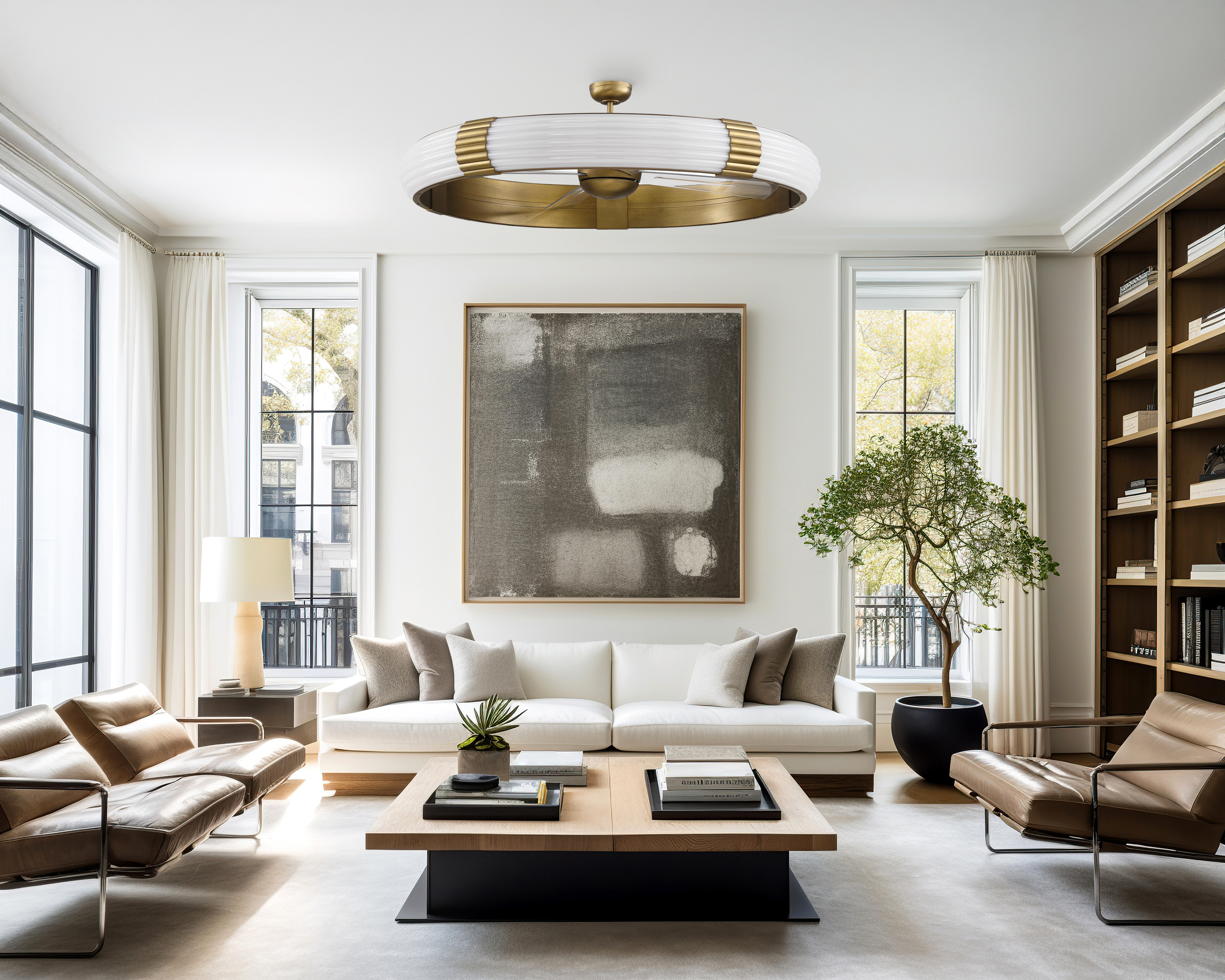 Mid-Century modern influenced fully illuminated outer ring of light surrounding a quiet, energy-efficient DC motor 57" ceiling fan in modern bronze suspended in a contemporary living room