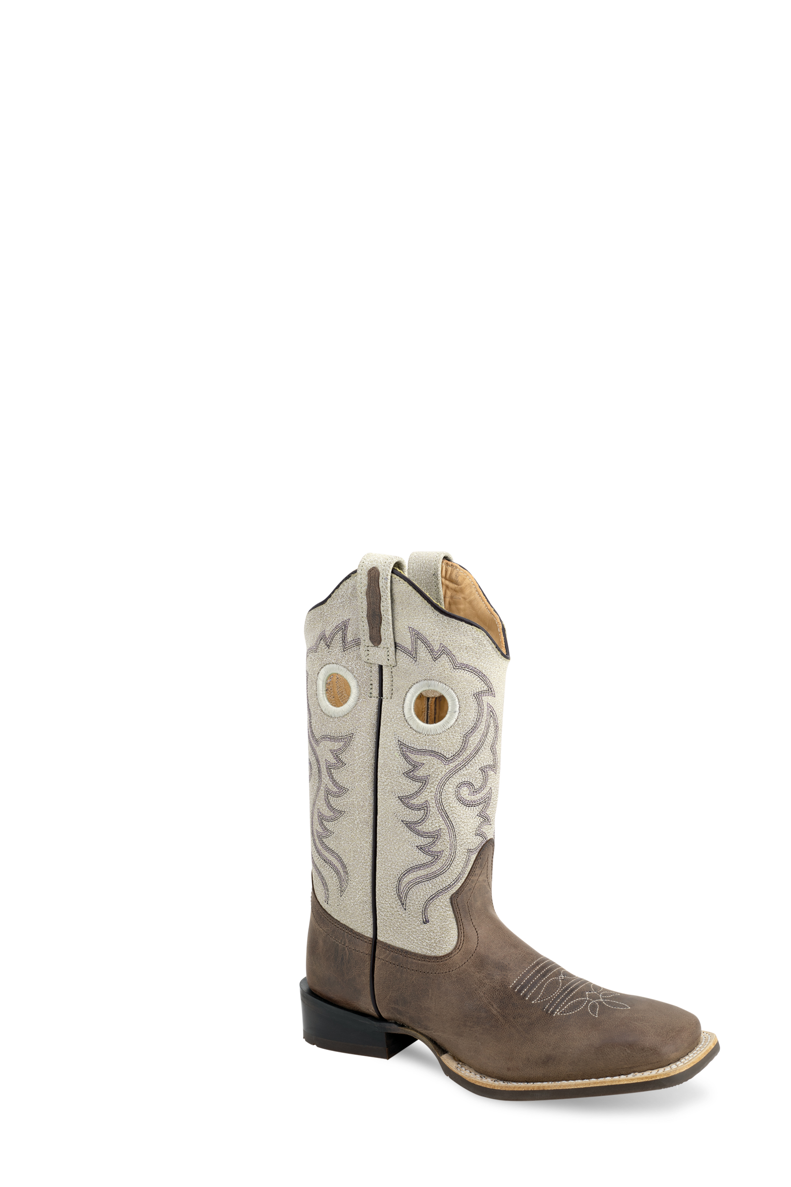 All over leather foot with 11" scallop shaft, fully leather lined, double row welt stitch, reinforced shank, cushion insole, broad square toe and rubber outsole.