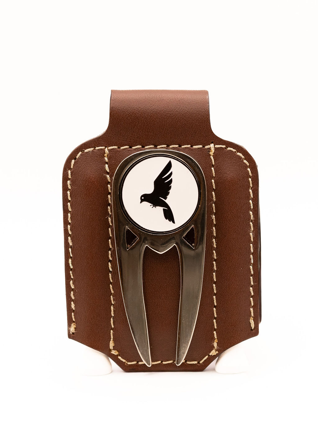 Dark brown magnetic all in one golf accessory tool made of full grain leather that can be personalized.