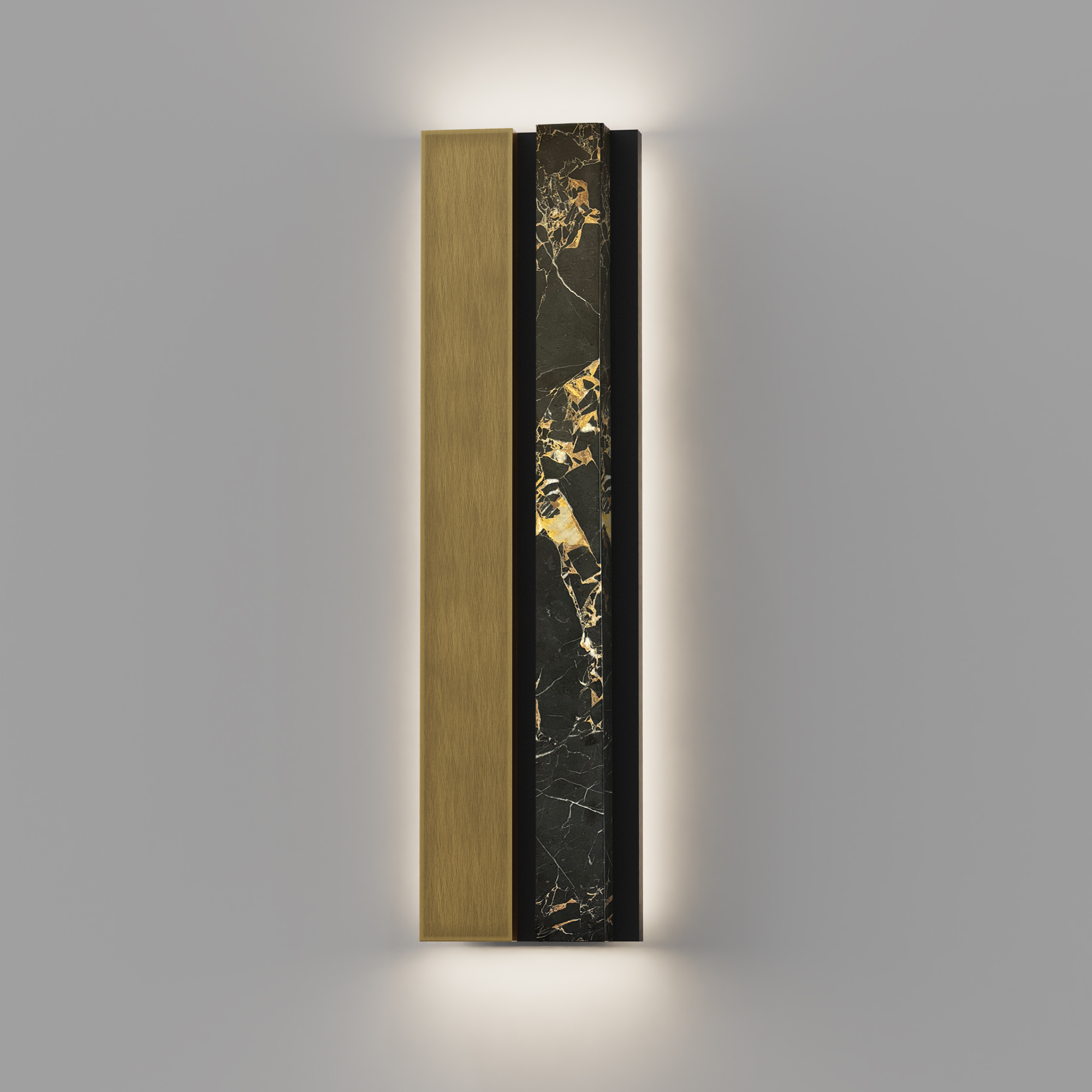 The Paris Wall Sconce is a striking design that can be mounted up or down for perfect symmetry.  Black and gold marble pairs with the painted antique brass accents to create a sophisticated statement.