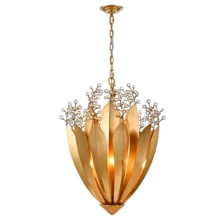 The Callista chandelier has a gentle organic shape of curved metal leaves which form a flowering bud shape. Light is directed upwards to highlight branches of clear glass beads. 