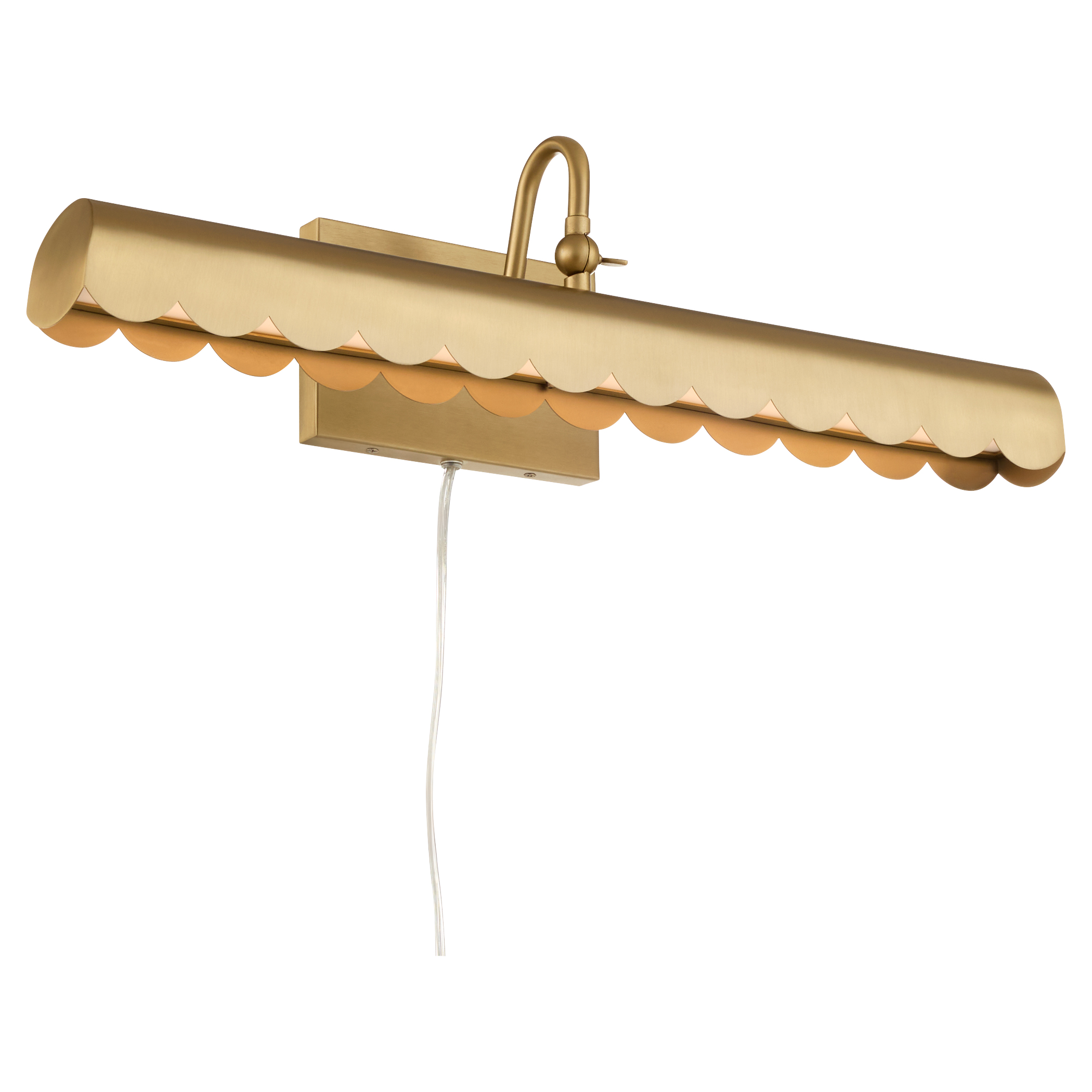 Karnes from Tamara Day for Quorum blends elegance and function. With a scalloped edge and adjustable neck, this picture light is available in matte black and aged brass finishes.