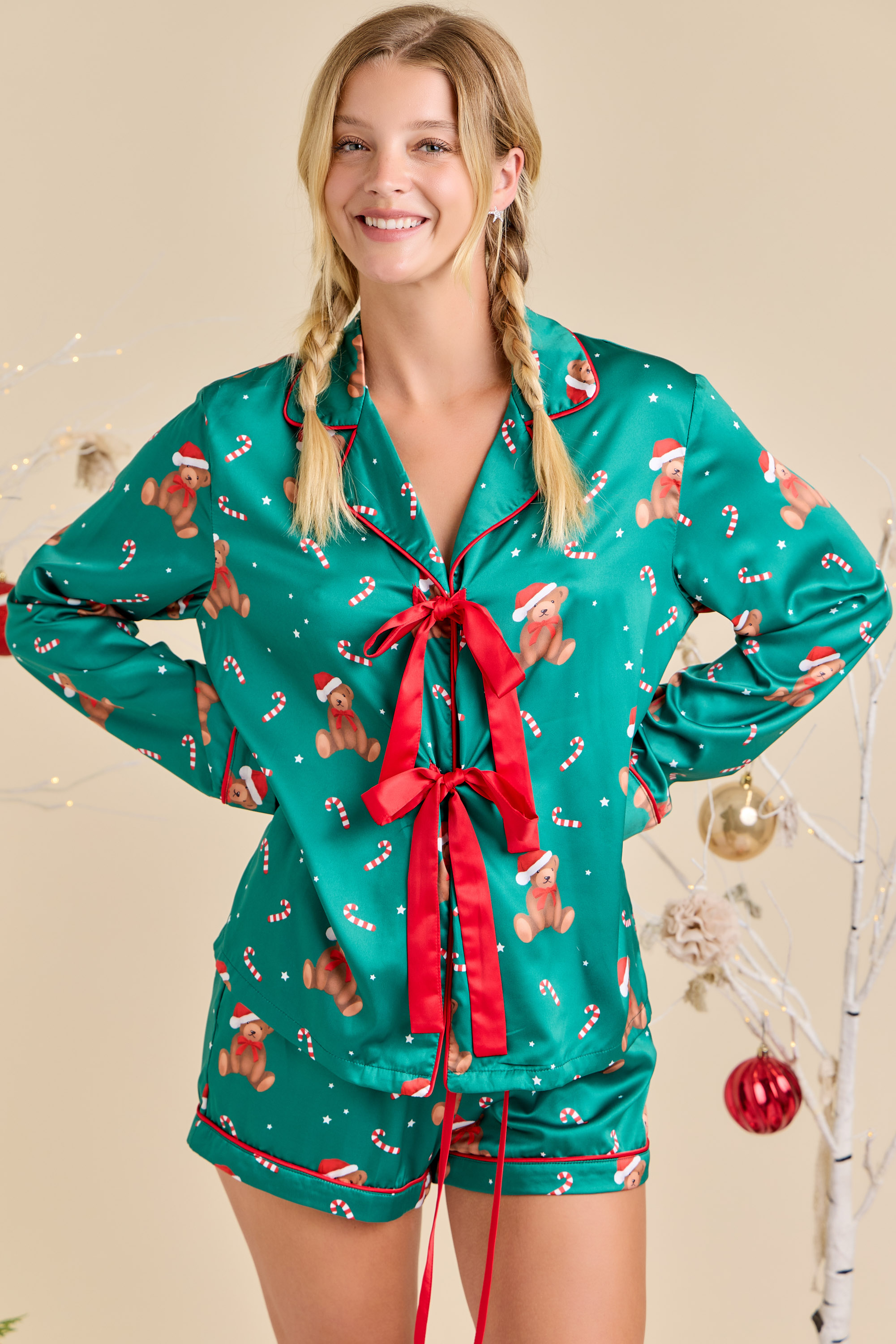 Teddy Bear Printed Holiday Pajama Set