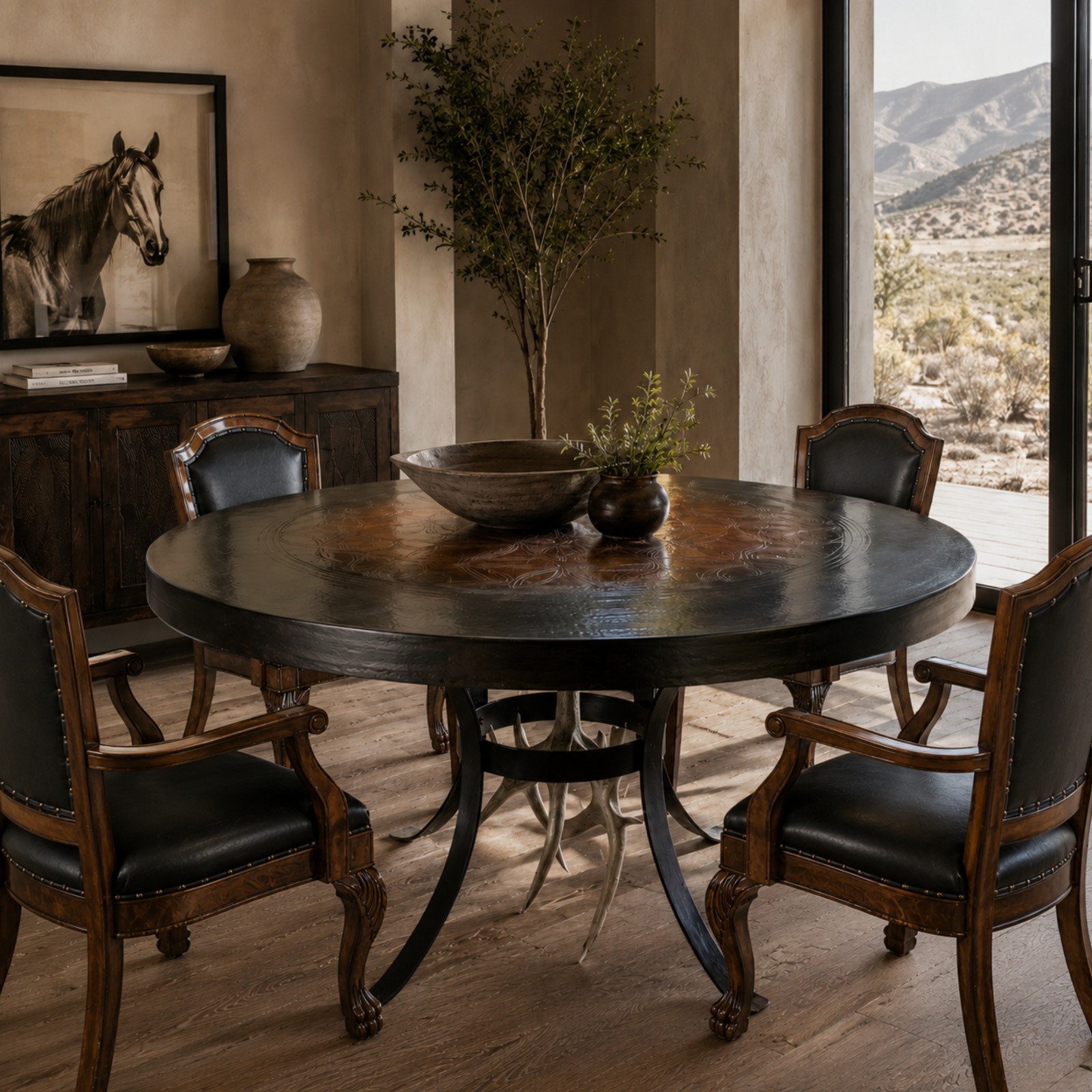 This Elk Antler Collection features a distinctive hammered copper top, meticulously hand-engraved to create a truly unique design. The artisanal craftsmanship is evident in every detail, showcasing  