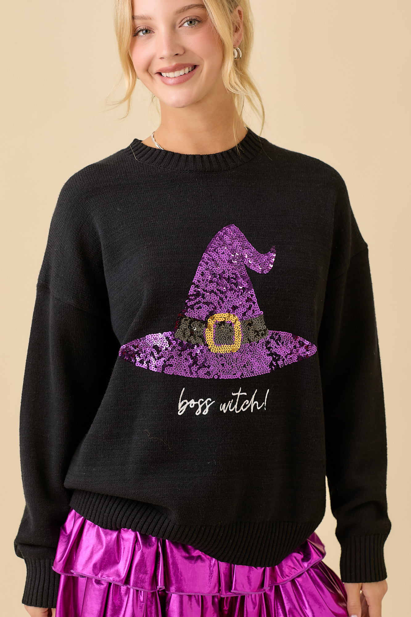 Sequin Halloween Witch Hat And Embroidery Detail Sweater Knit Top