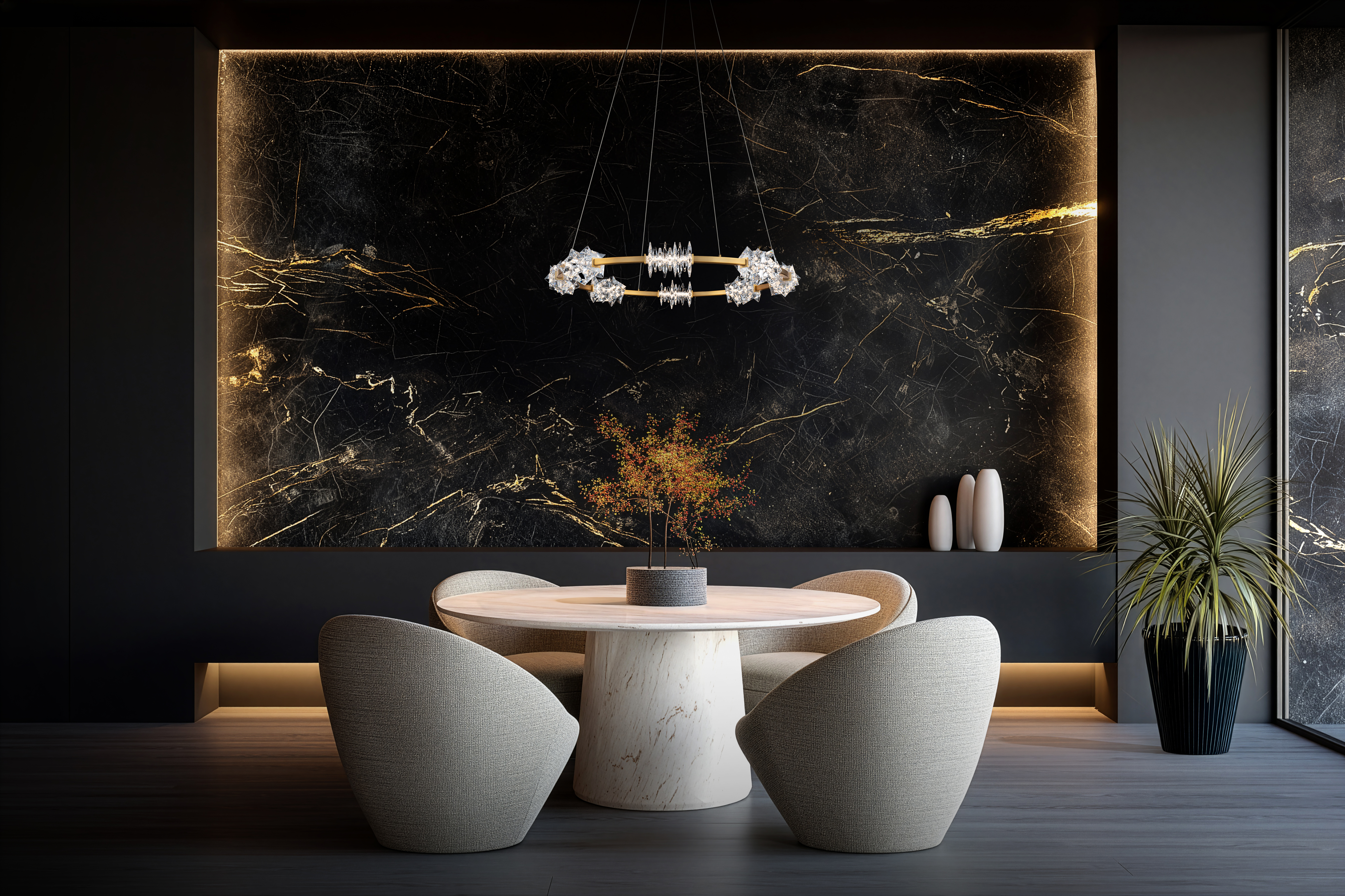 Inspired by crystalline ice formations, Bergy features faceted Optic Crystal clusters on a sweeping circular frame, scattering LED light with striking brilliance and sculptural architectural presence