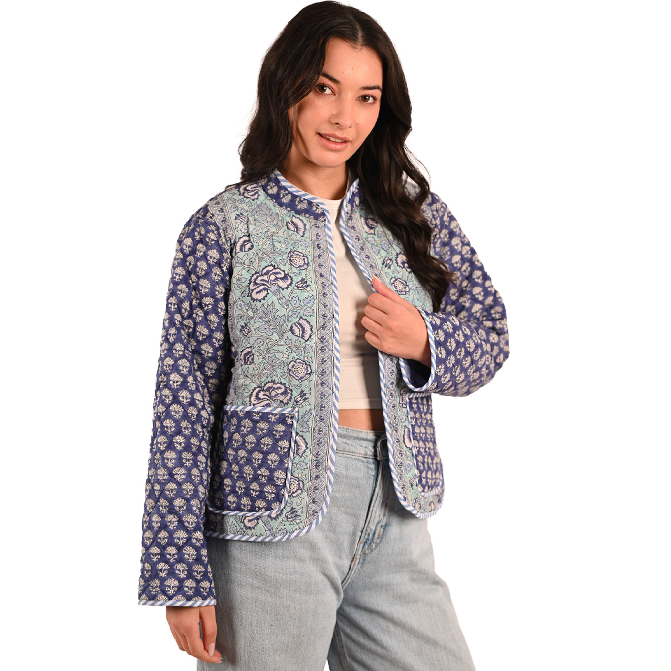 Handblock Printed Reversible Jacket in Print Marine Mist