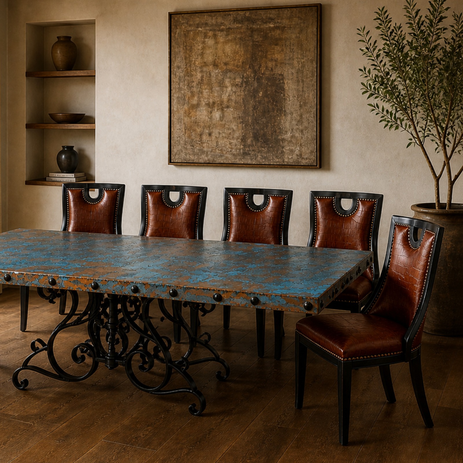 Elevate your dining space  with the unique oxidized hammered copper top, which brings a warm, artisanal touch.  The sturdy, hand-forged iron base provides a striking contrast and exceptional durabilt