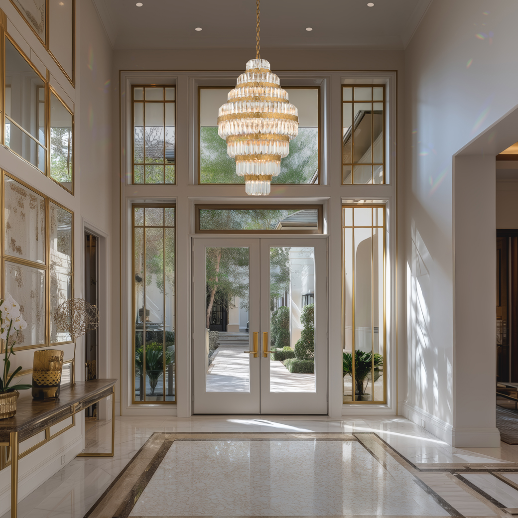 Alina features cascading Optic Crystal tiers and laser-cut metal bands in a sculptural pyramid design, refracting light with dazzling brilliance and contemporary elegance.