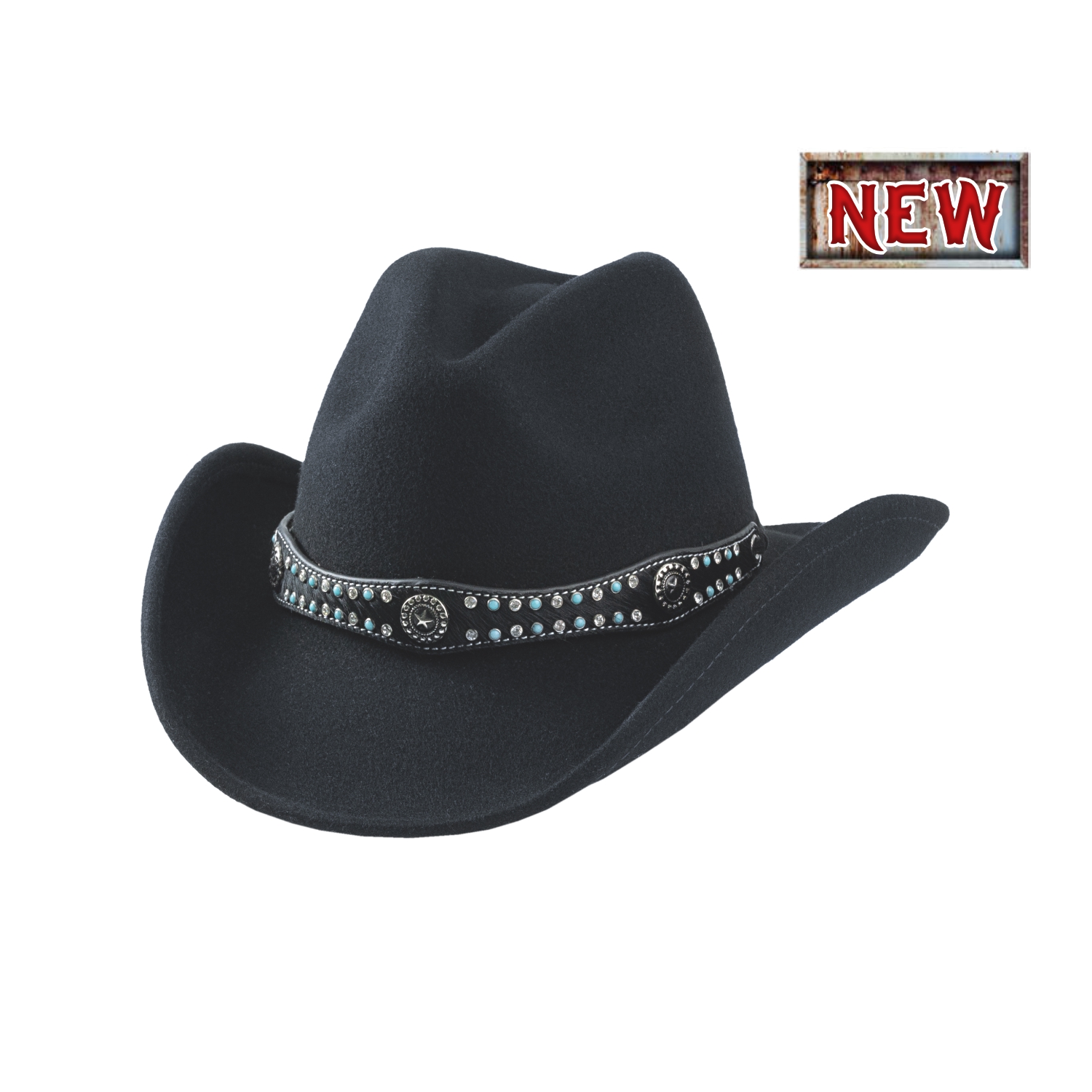 Amazing new Lil Pardner black hat with bold decorative flair, adorned with gleaming silver studs.