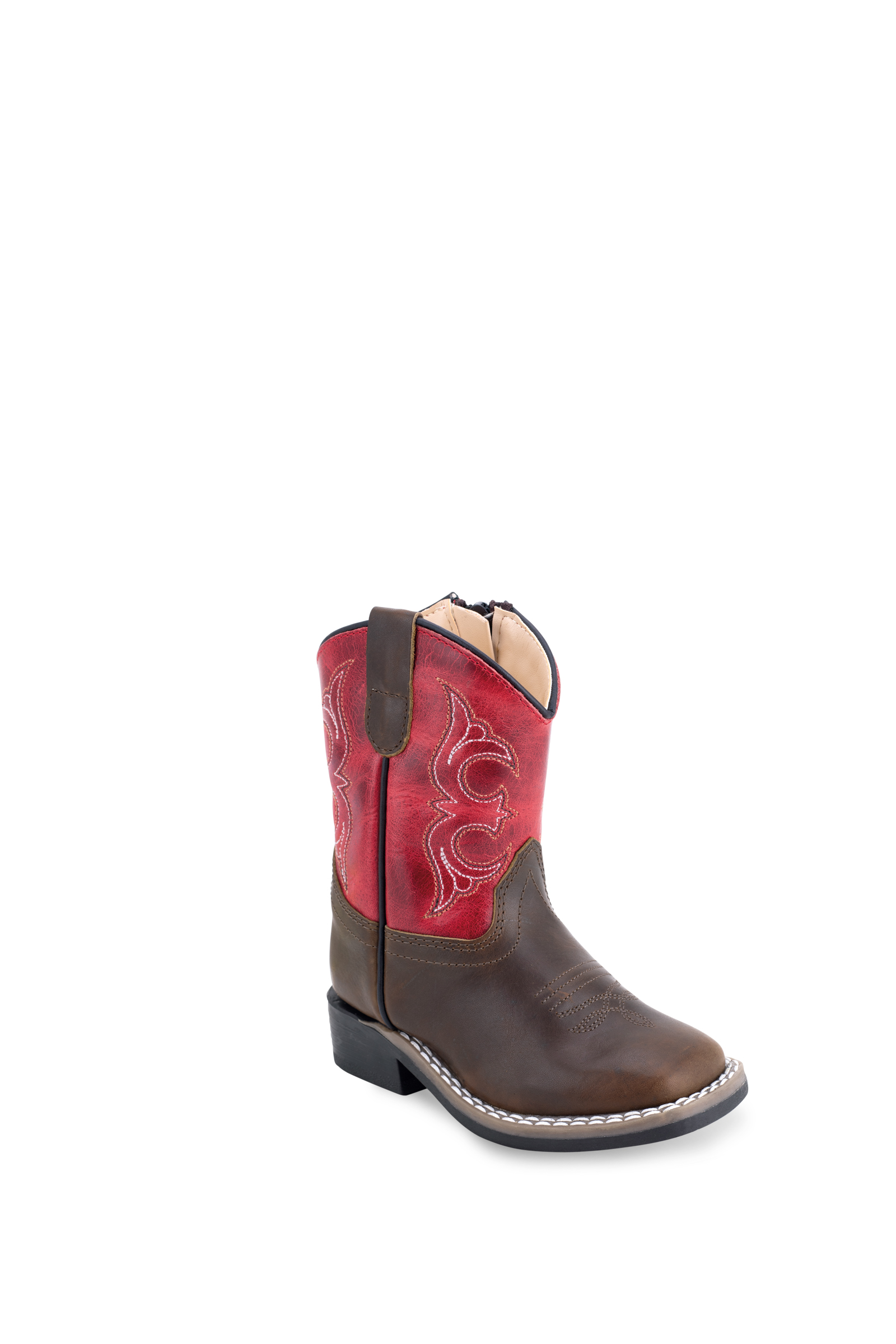 All over leather foot & shaft, 3 – row fancy stitch with medallion, natural welt, white double row welt stitch with side zipper, broad square toe and TPR outsole. (Toddler's)