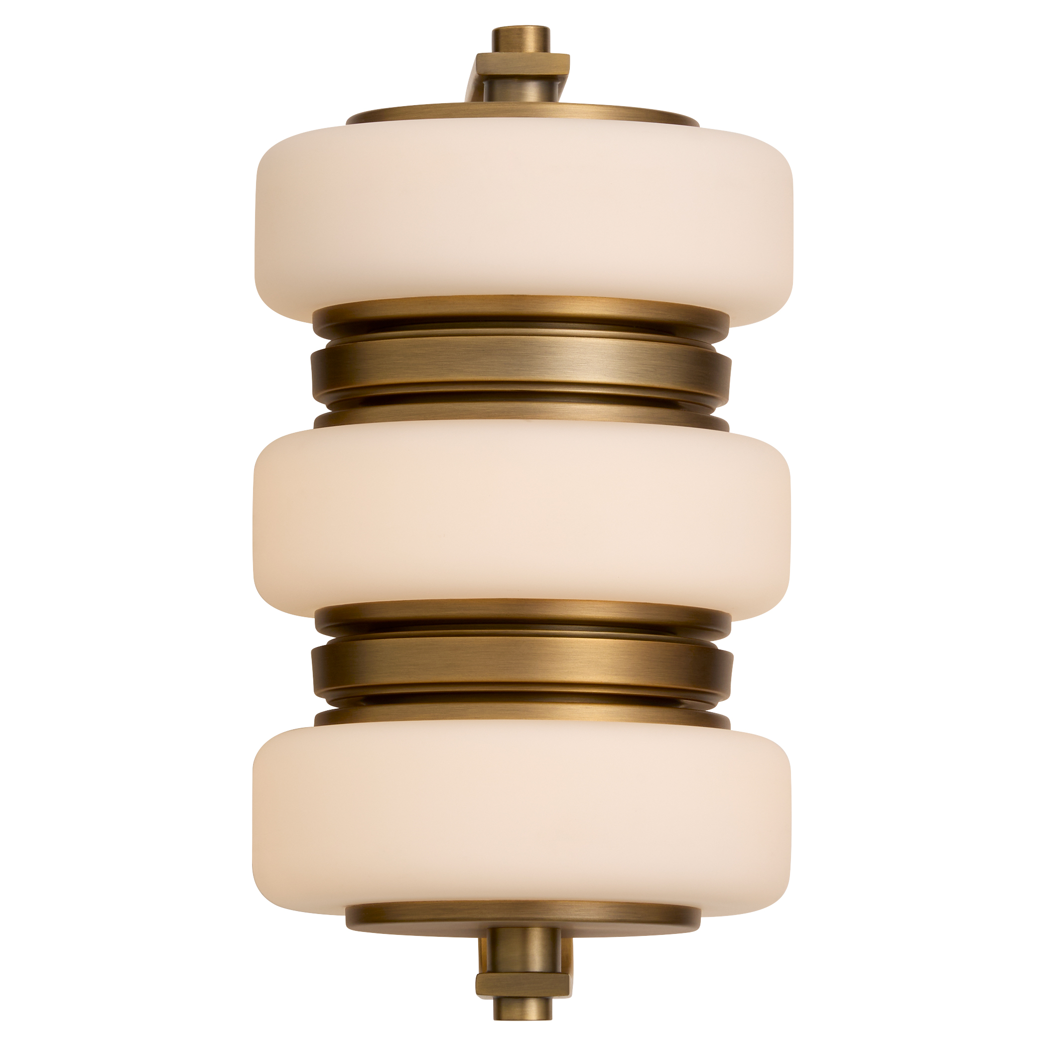 Favo blends Japanese architecture and Art Deco influences for a refined presence. Satin opal glass softens integrated LED light, while brushed brass adds warmth and sophistication.