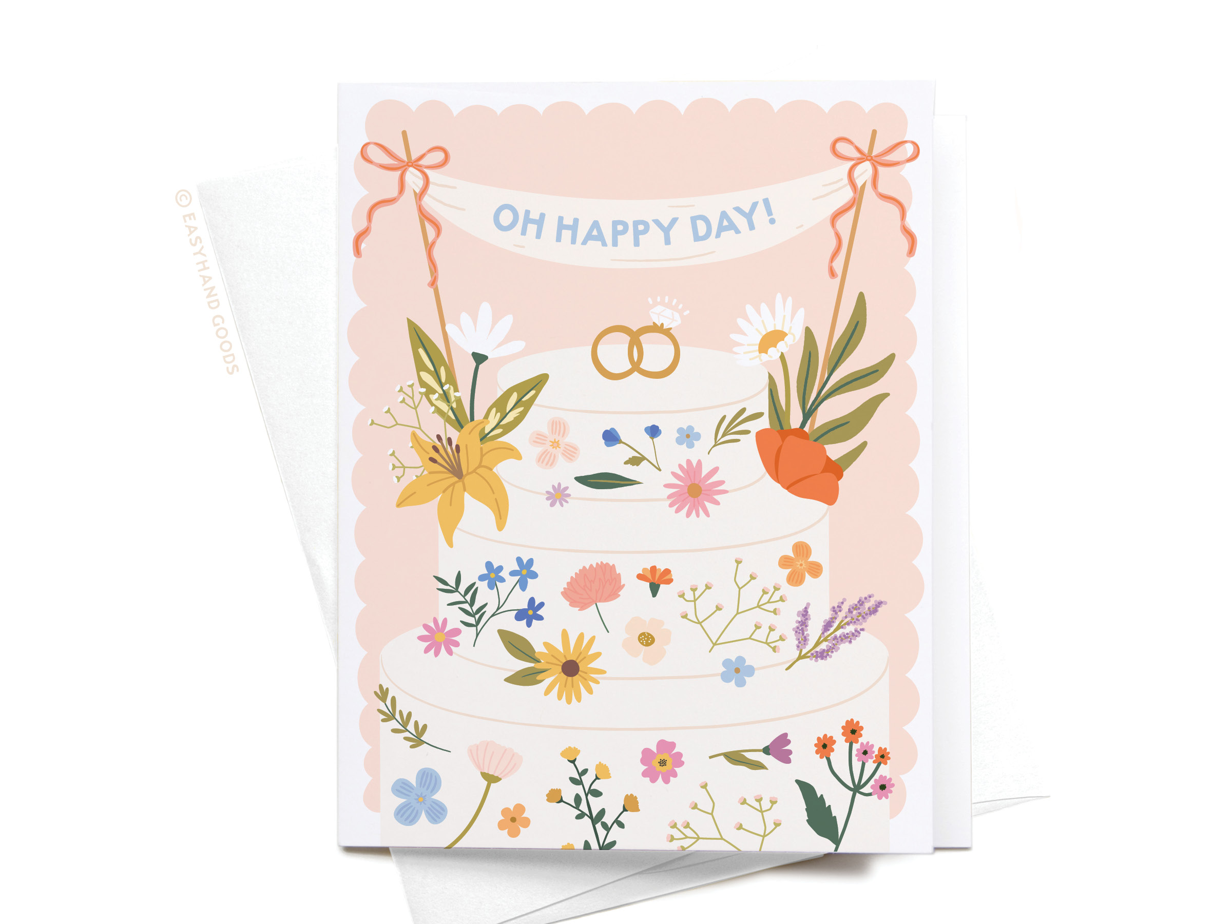 Greeting card with a floral cake design that has a banner reading "Oh Happy Day"