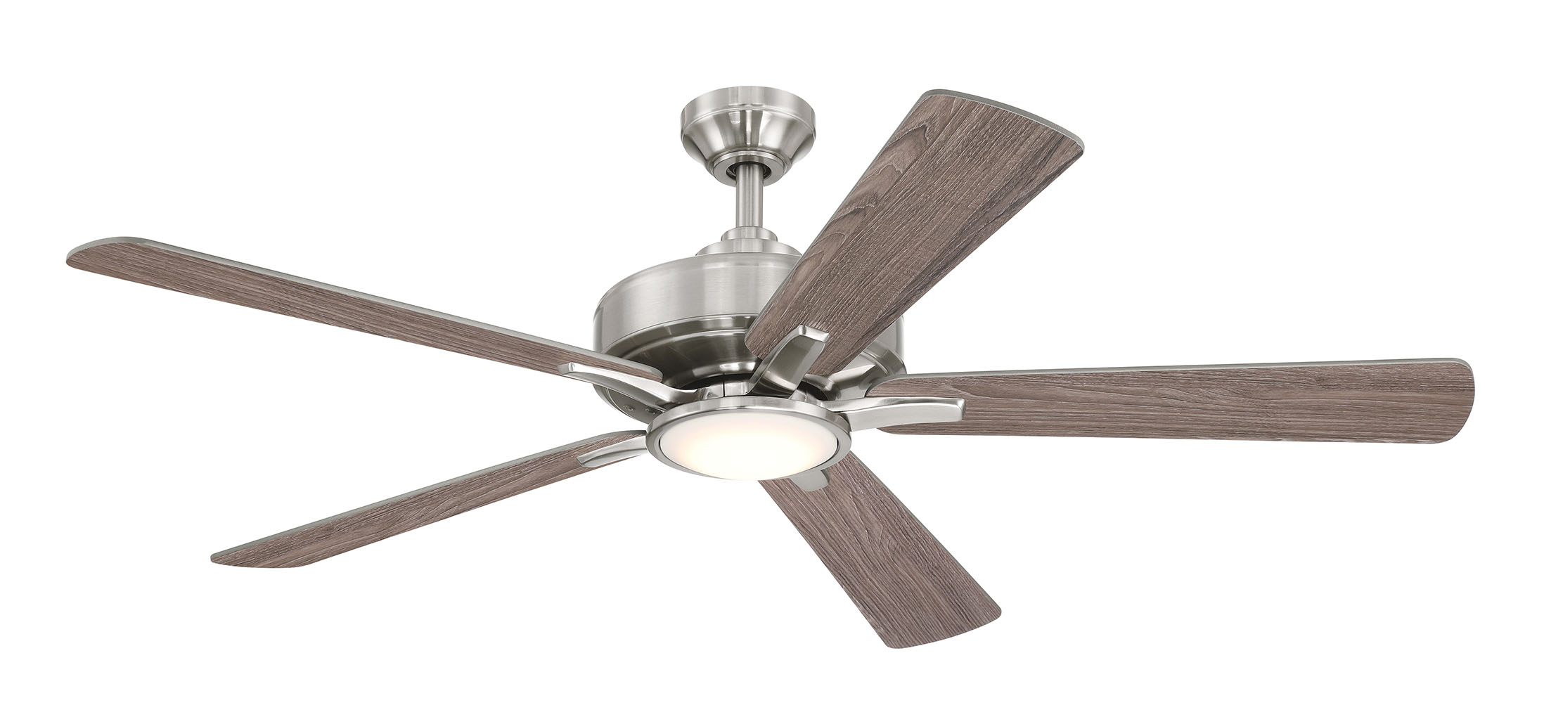 52" transitional indoor ceiling fan with reversible blades, available in Matte Black, Matte White and Brushed Nickel 