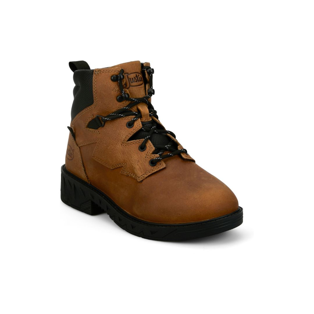 6" men's round toe lace up work boots in steel toe and non-safety toe options from Justin Boots.