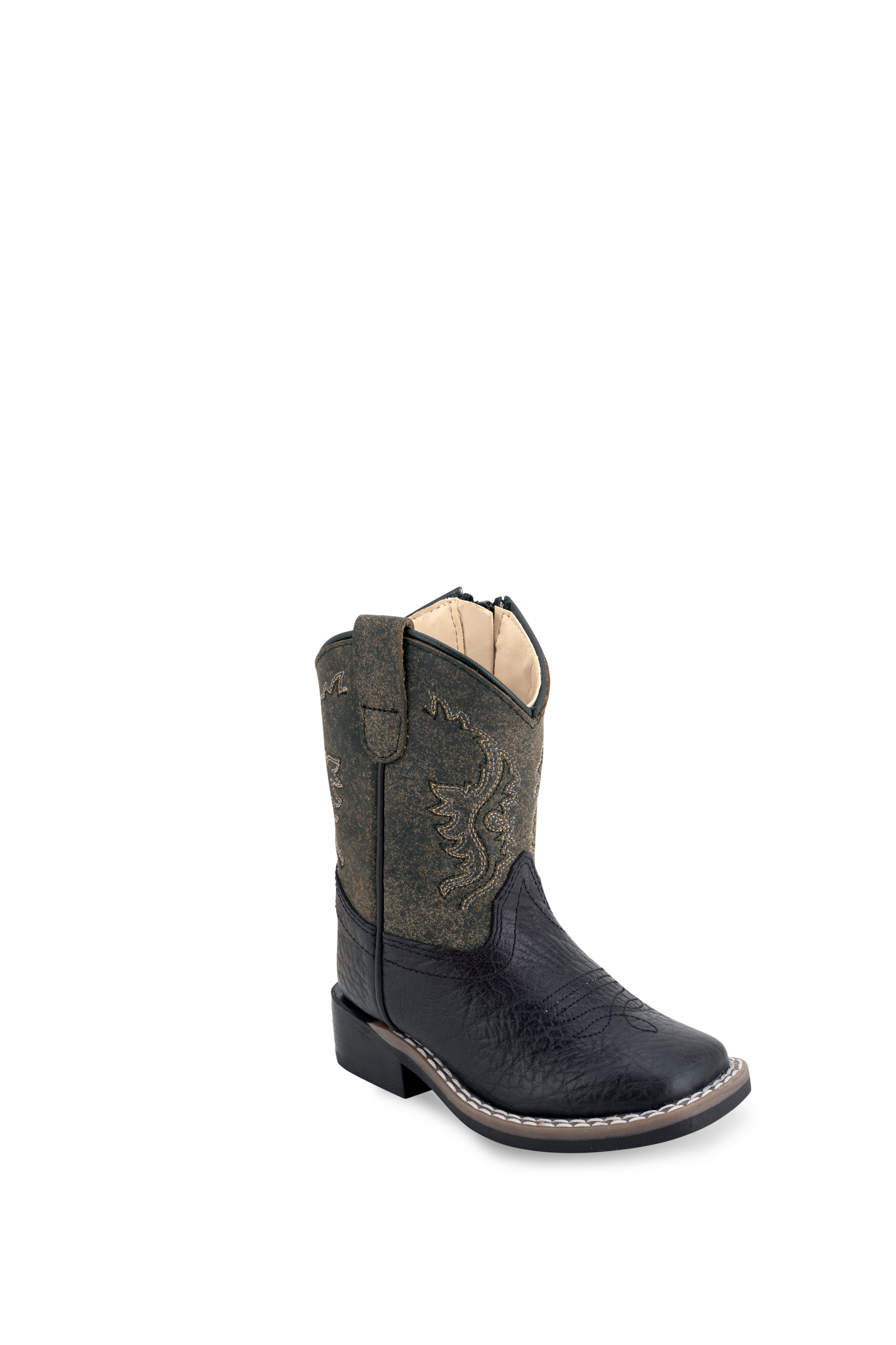 All over leather foot & shaft, 3 – row fancy stitch with medallion, natural welt, white double row welt stitch, with side zipper, broad square toe and TPR outsole. (Toddler's)