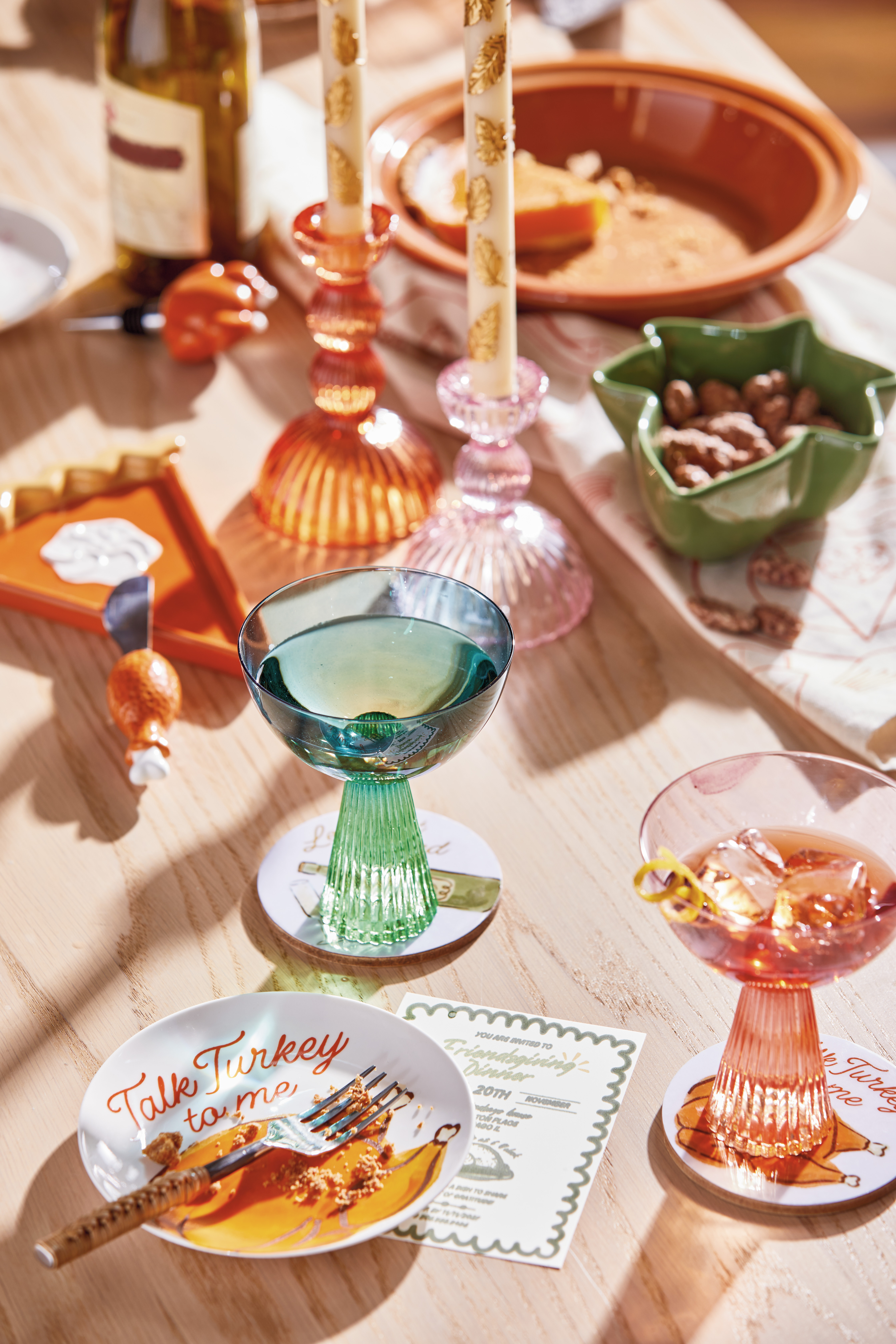 A little cheeky and a little cozy. Designed for appetizers, drinks, and casual gatherings, this collection brings warm color, playful details, and the feel of Friendsgiving to every table.