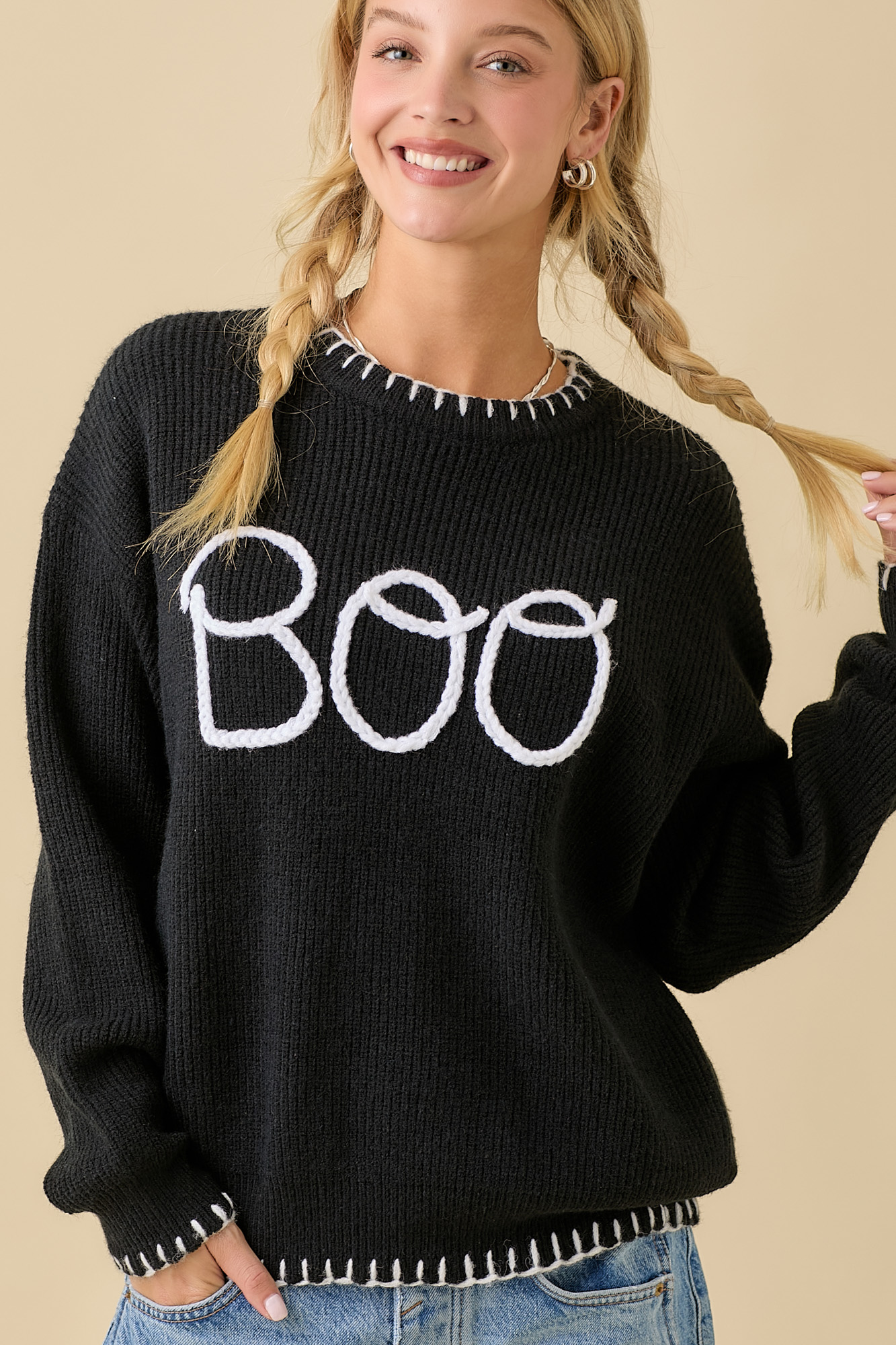 Halloween "Boo" Sweater With 3D Braided Writing And Contrast Stitching Detail