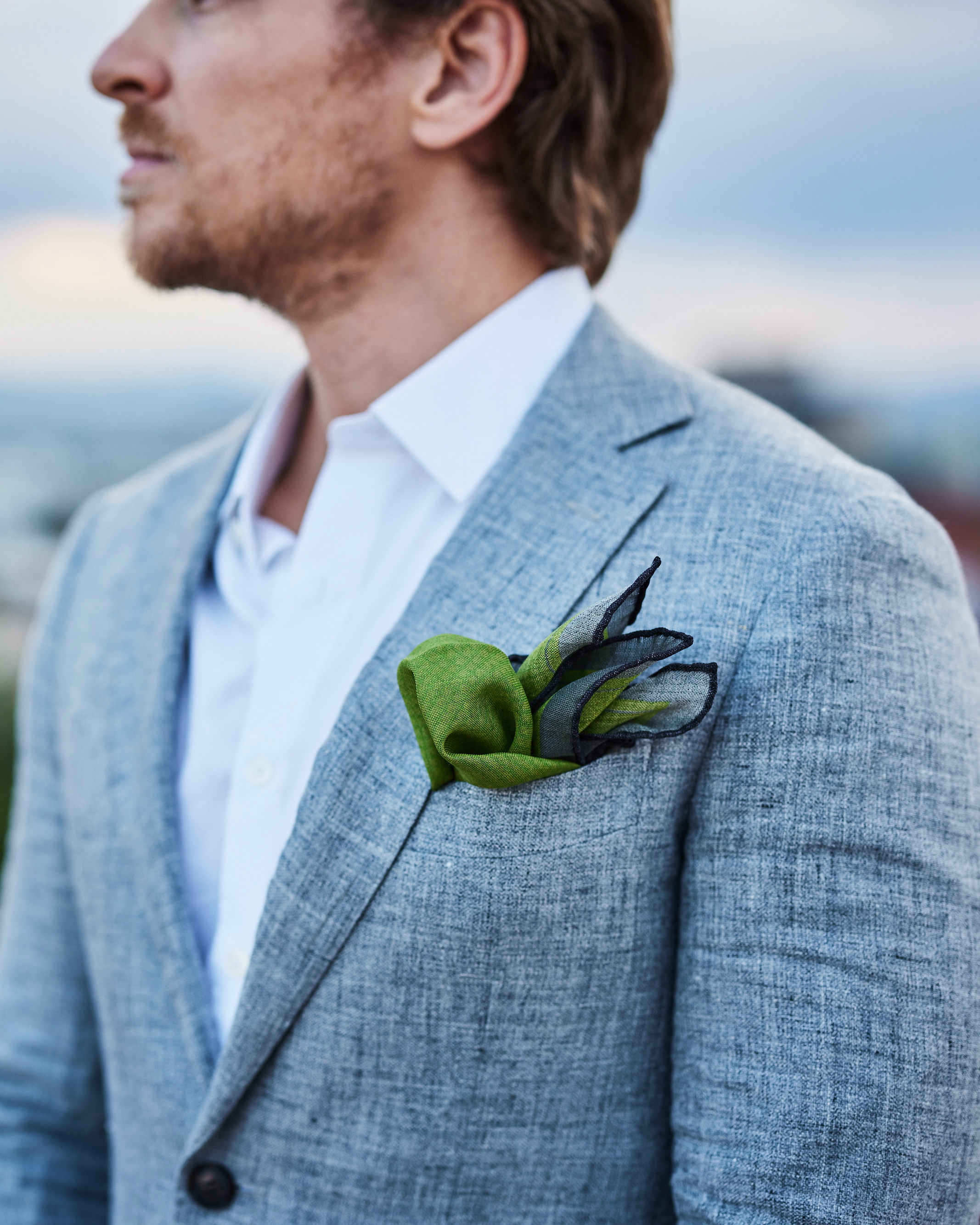 17" silk wool blend pocket square or neckerchief in Cala Lilly, hand rolled edges