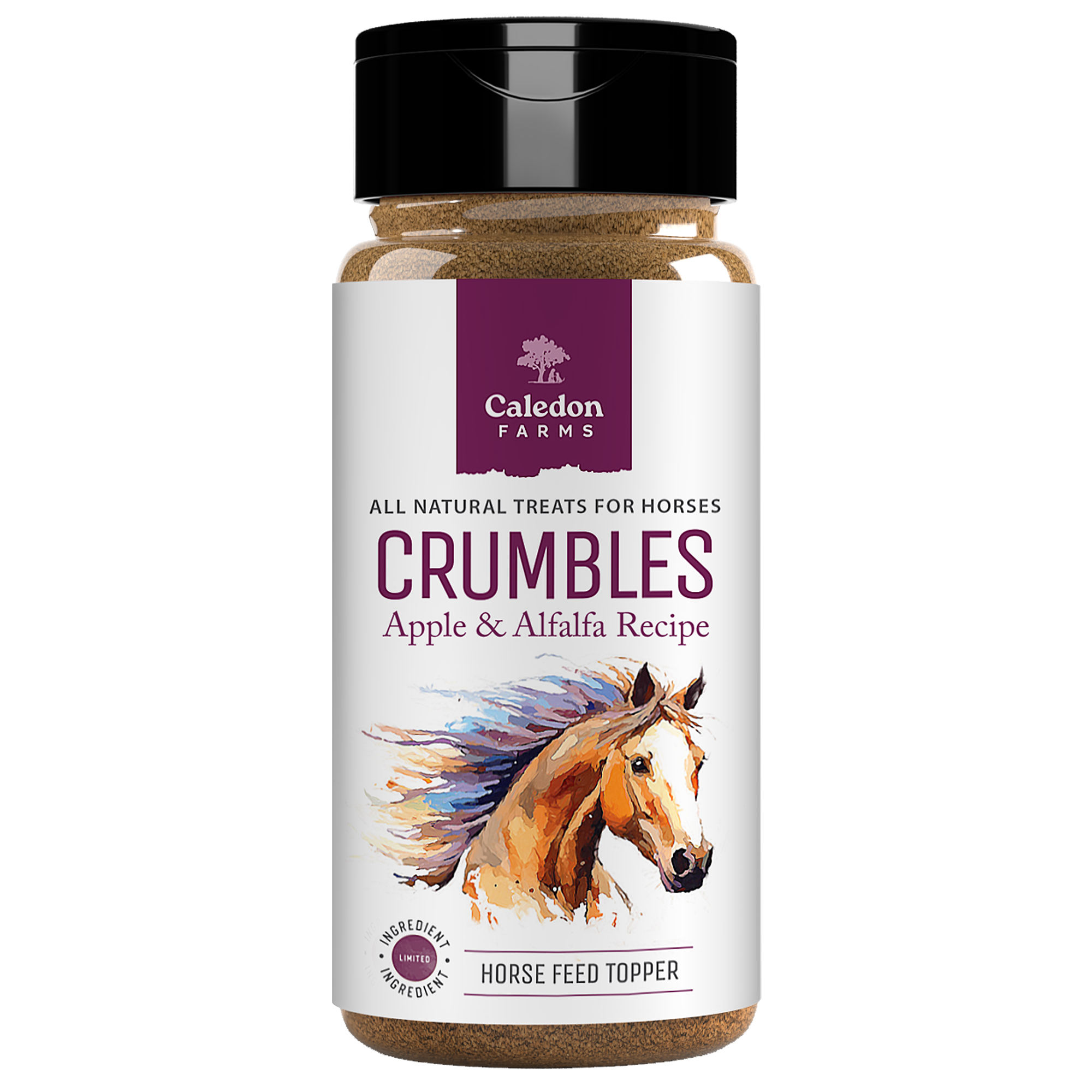 Caledon Farms Crumbles – Apple and Alfalfa Recipe feature only 6 all-natural ingredients. No artificial ingredients, additives, or colors —just simple, wholesome goodness for your horse.