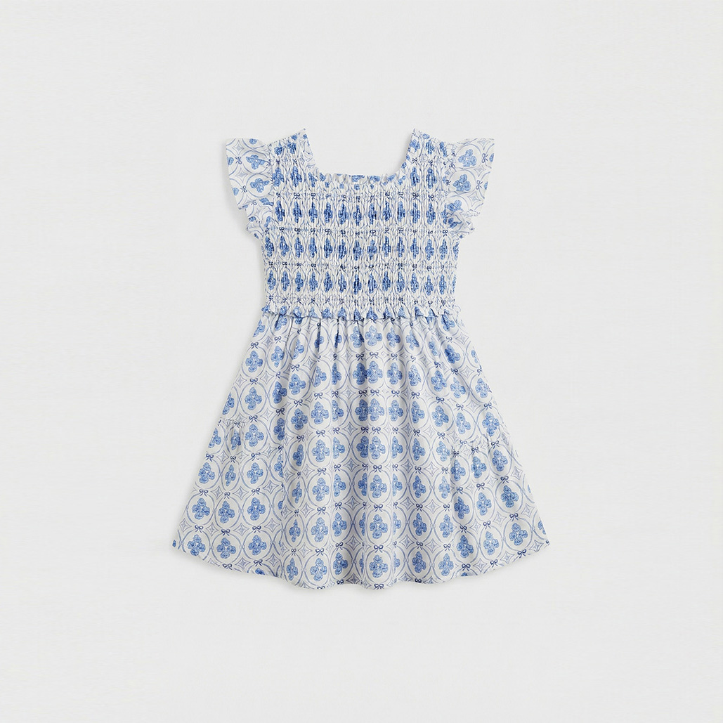 White and blue flutter sleeve dress in floral bow print