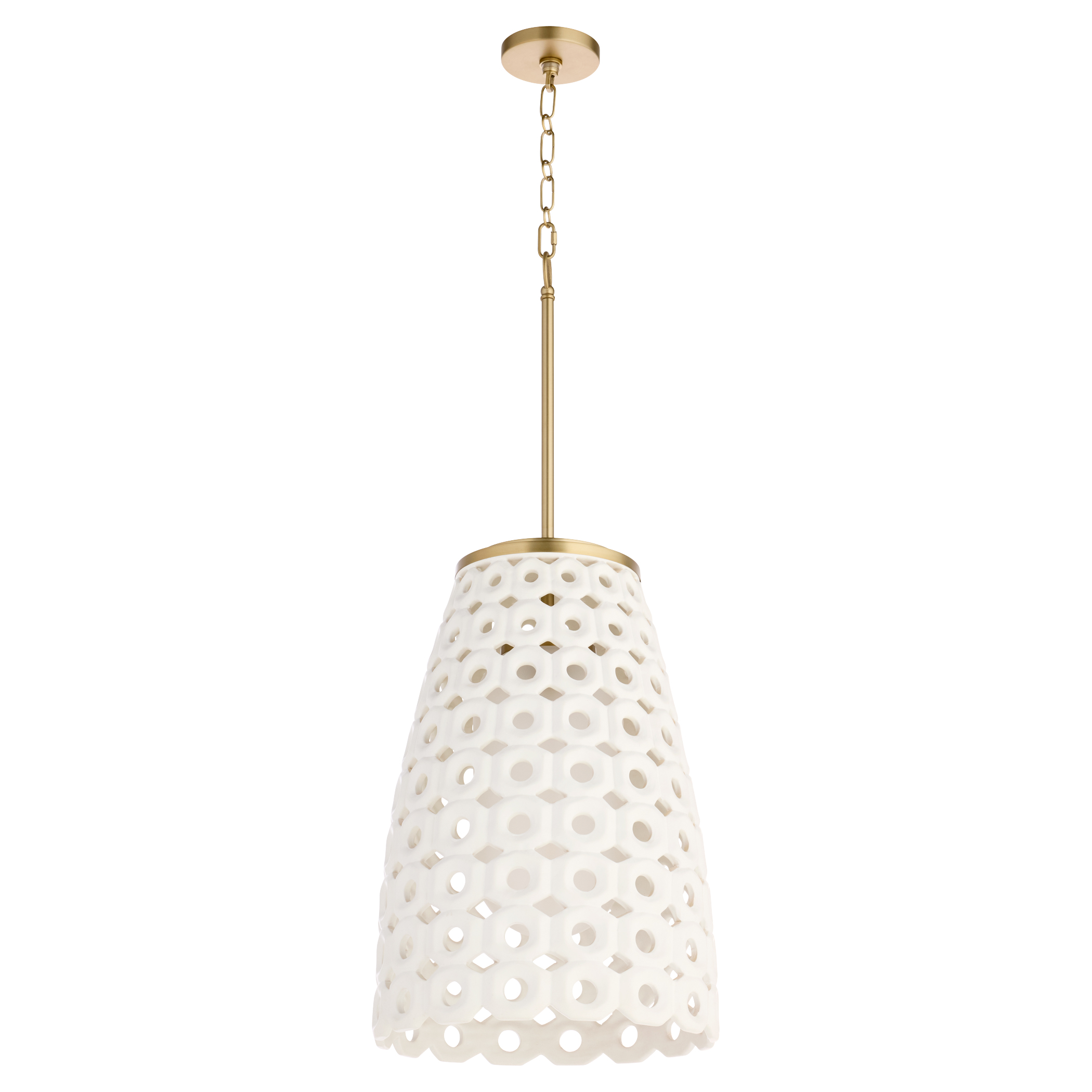 Varro is inspired by honeycomb structure, featuring hexagonal openings that cast a soft radiant glow. This oversized ceramic pendant adds an artistic, handcrafted touch over islands or bar tops.
