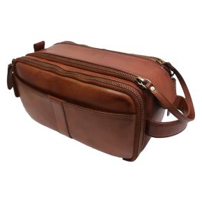 Two tone full grain leather double zip travel kit