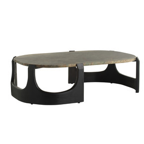 This modern coffee table pairs strength with sculptural grace. An oval top of veined natural jungle marble is suspended by a carved mango wood base in an ebony finish.