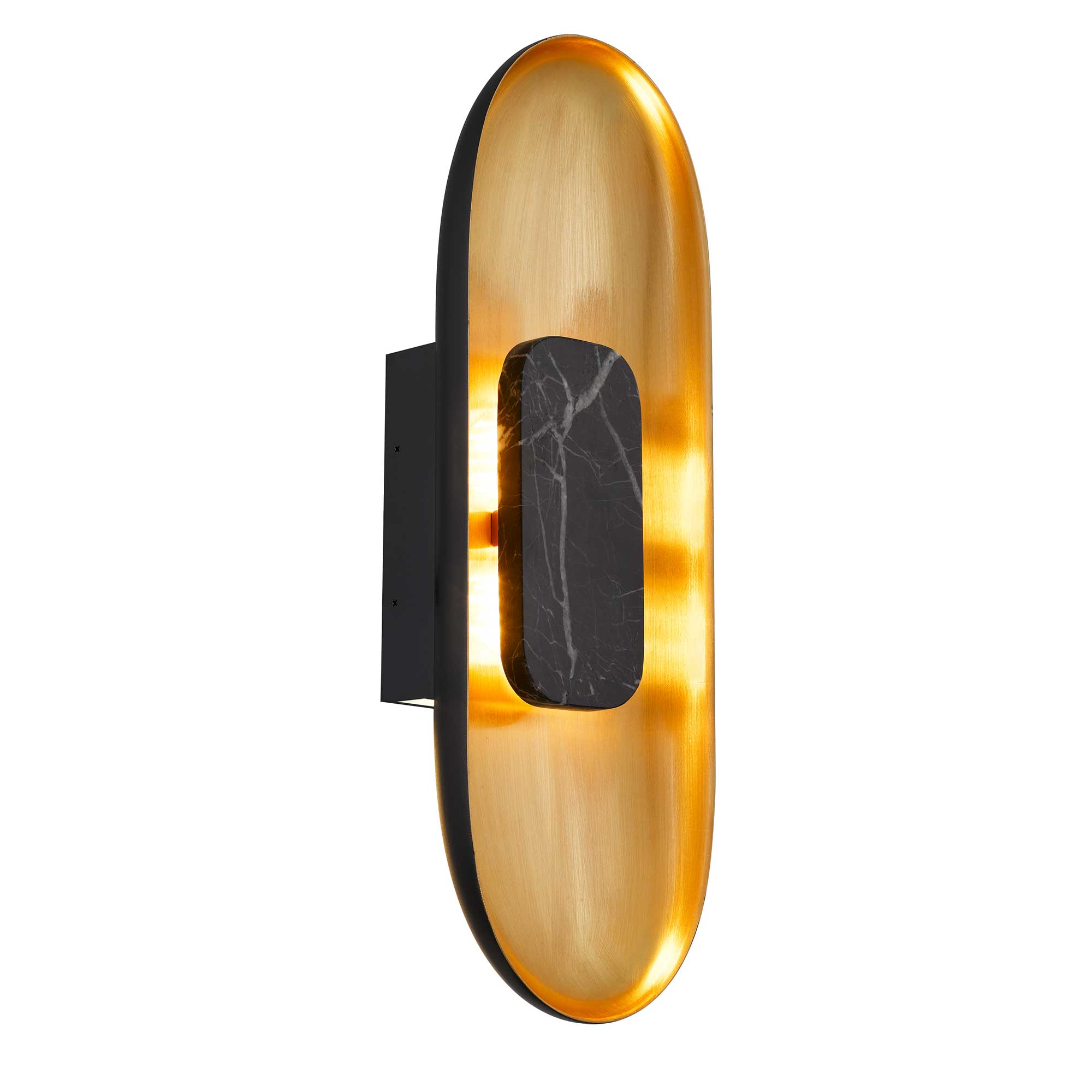 The Marilyn Wall Sconce is inspired by an Art Deco necklace design. The natural marble stone creates a shielded back-lit illumination, for  a luxurious contemporized style.