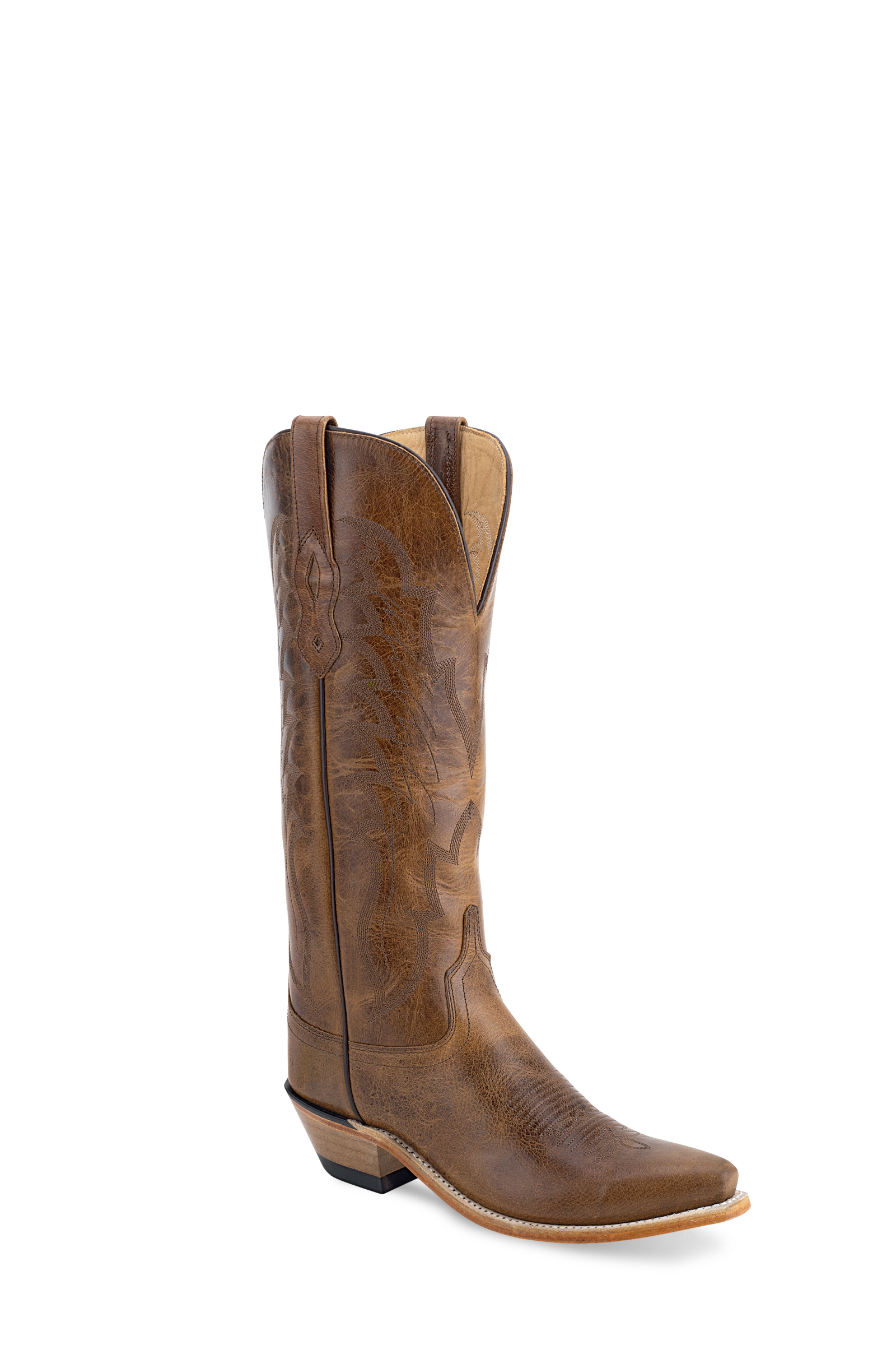 All over leather with 14" shaft, fully leather lined, reinforced shank, 6 – row fancy stitch, cowboy heel, snip toe and leather outsole.