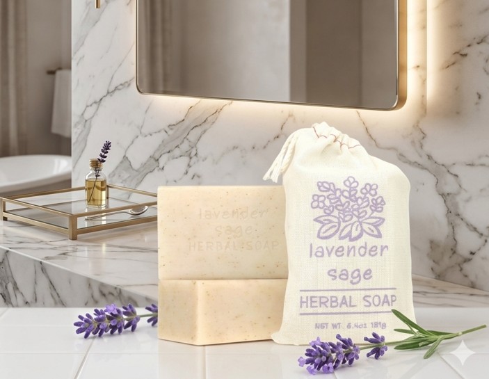 Exfoliating vegetable soap enriched with shea butter, virgin olive oil, grapeseed oil and essential oils of lavender and sage; blended with sage leaf and lavender buds