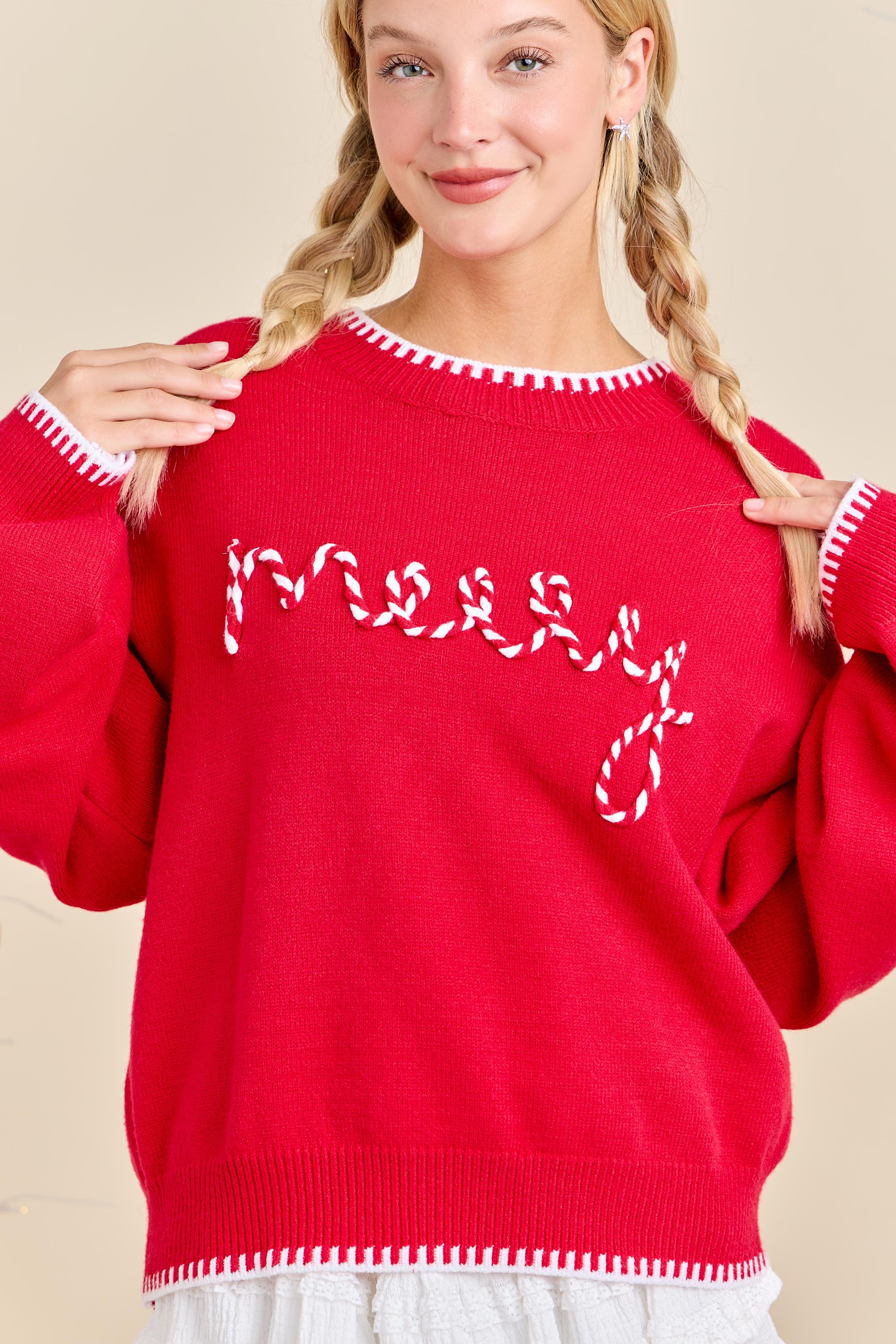 Merry Embroidered Sweater With Contrasting Neckline And Sleeve Detail