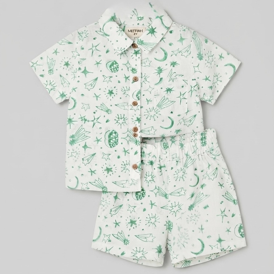 A stylish and comfortable two-piece summer set featuring a star pattern handcrafted using block printing . Perfect for warm-weather outings, vacations, family photos, or casual beach days.
