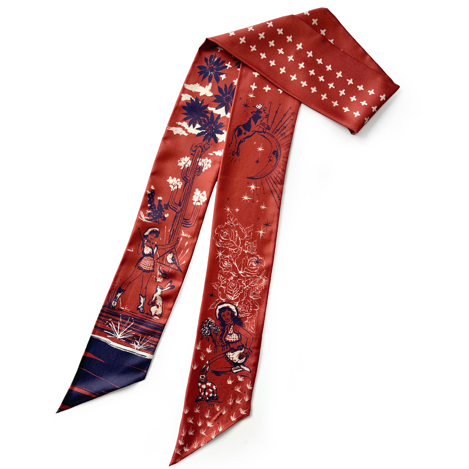 Long skinny silk twill  ribbon scarf in Vintage Americana
