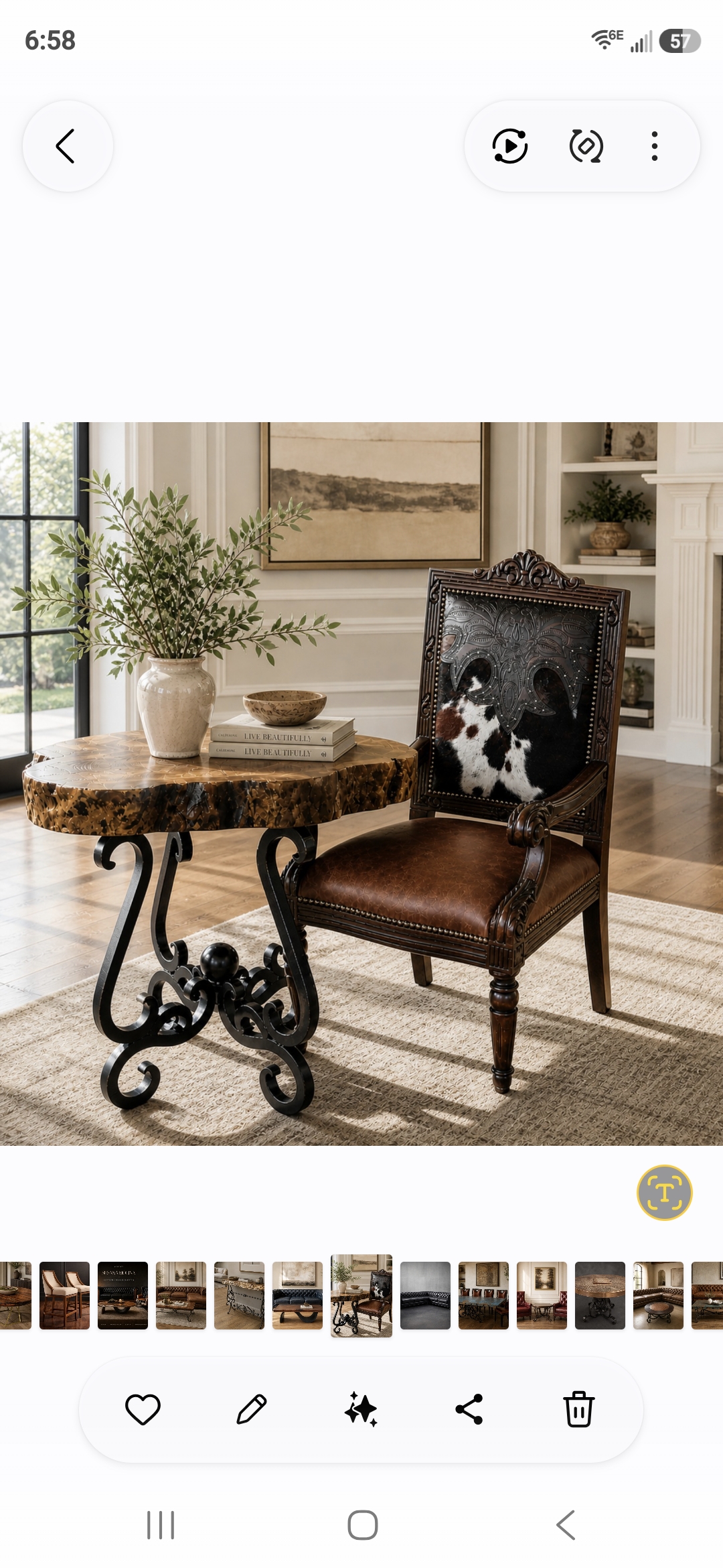 The hand-forged iron table presents a striking, artisanal foundation for any space. Its robust, handcrafted metalwork speaks to both durability and aesthetic appeal. Complementing the table is a liv 