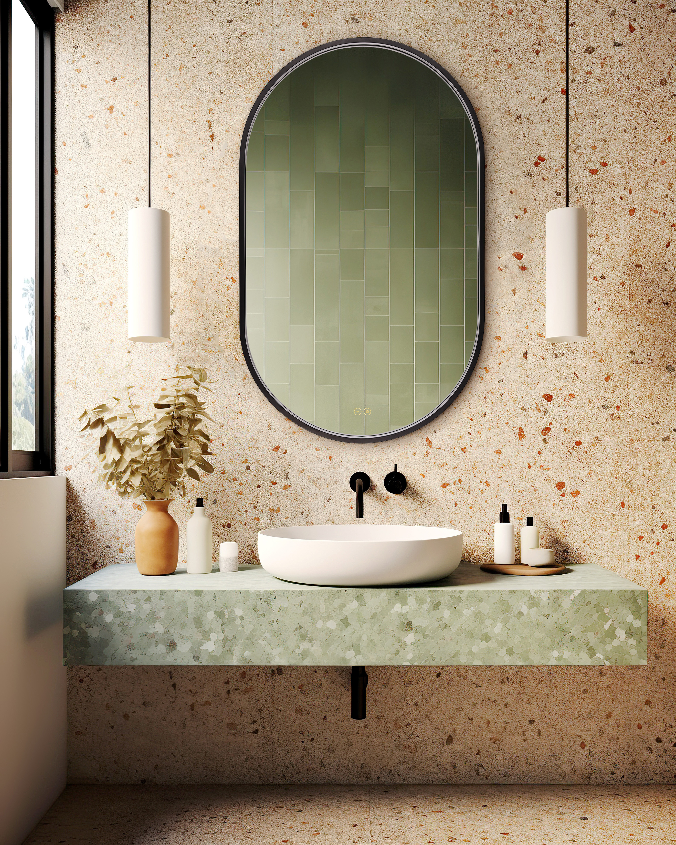 Oval Edge Lit LED Mirror in Flat Black Frame mounted in contemporary Bathroom