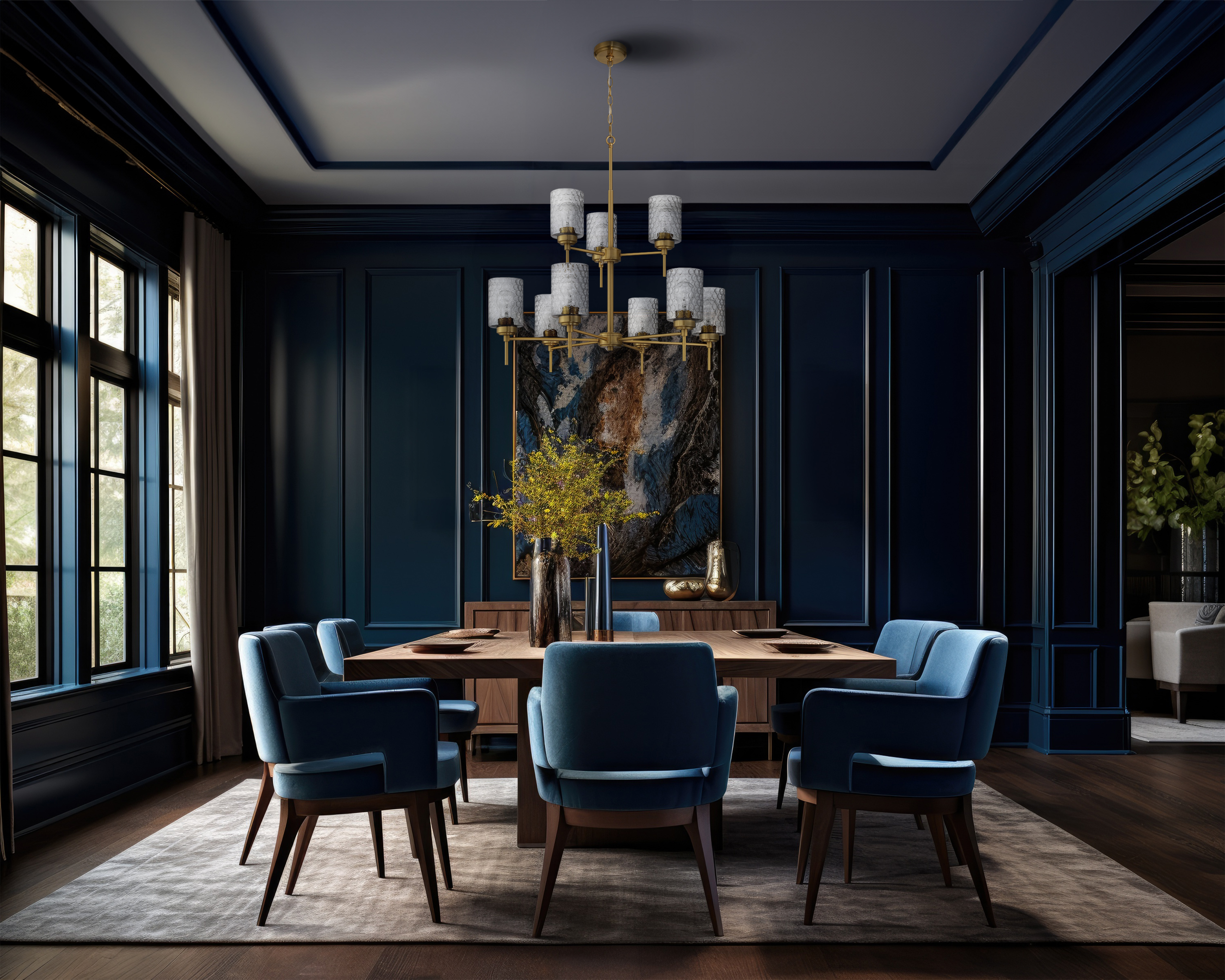 9 Light Two Tier Chandelier in Satin Brass over a rectangular light wood dining table surrounded by 8 blue velvet chairs in a dark blue paneled dining room