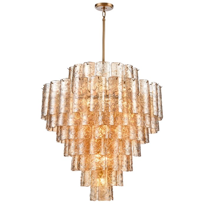 The Fire and Ice chandelier exudes sculptural beauty with large pieces of champagne curved textured glass which diffuses the light into a lit work of art. 