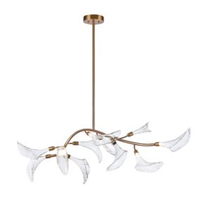 Inspired by the Lily, the Calla linear chandelier has a free-flowing design tipped with elegantly formed clear glass flower lit with integrated LED lights. Finished in Satin Brass.